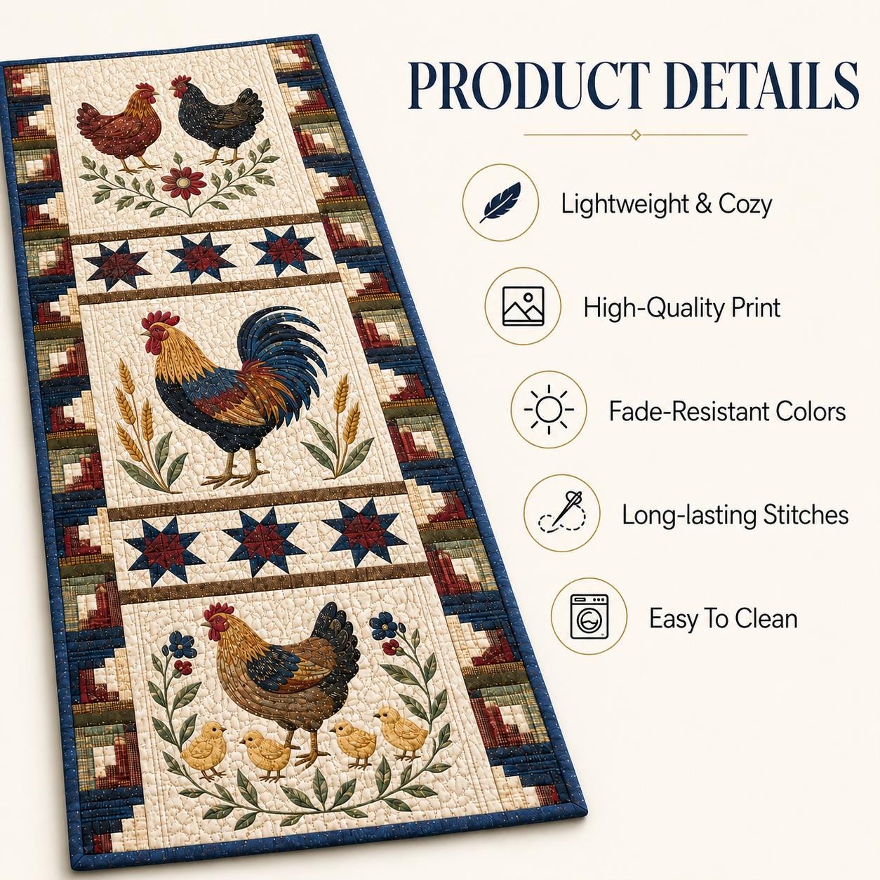 Rooster and Chicken Farmhouse Quilted Table Runner – Barnyard Country Kitchen Decor and Gift for Chicken Lovers - photo 6
