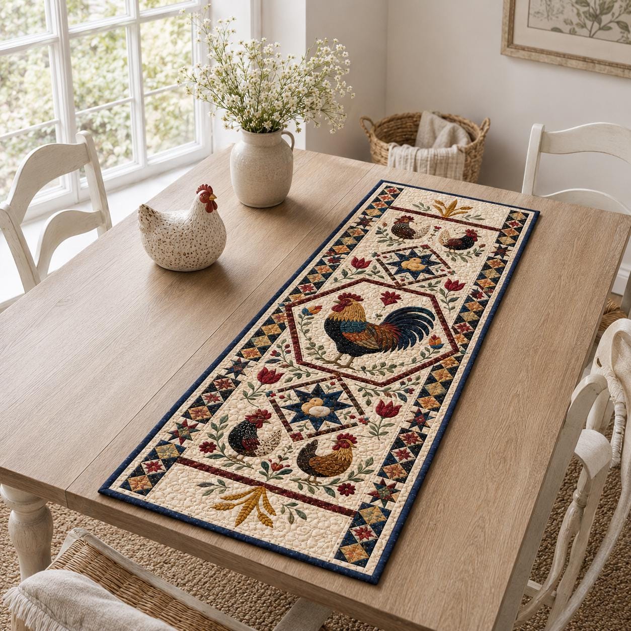 Rooster and Chicken Farmhouse Quilted Table Runner – Barnyard Country Kitchen Decor and Gift for Chicken Lovers - photo 7