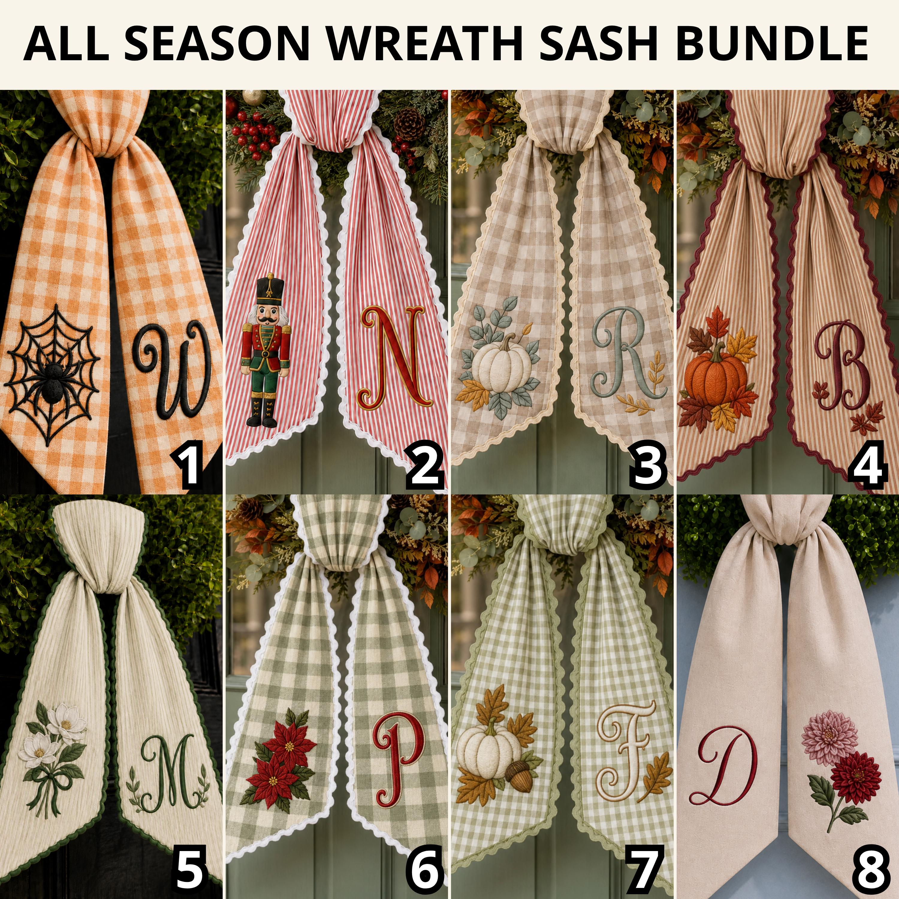 All Season Wreath Sash Bundle for Holiday and Everyday Door Decor, Custom Text Wreath Sashes with Ric Rac, and Patriotic Baby Holiday Sash