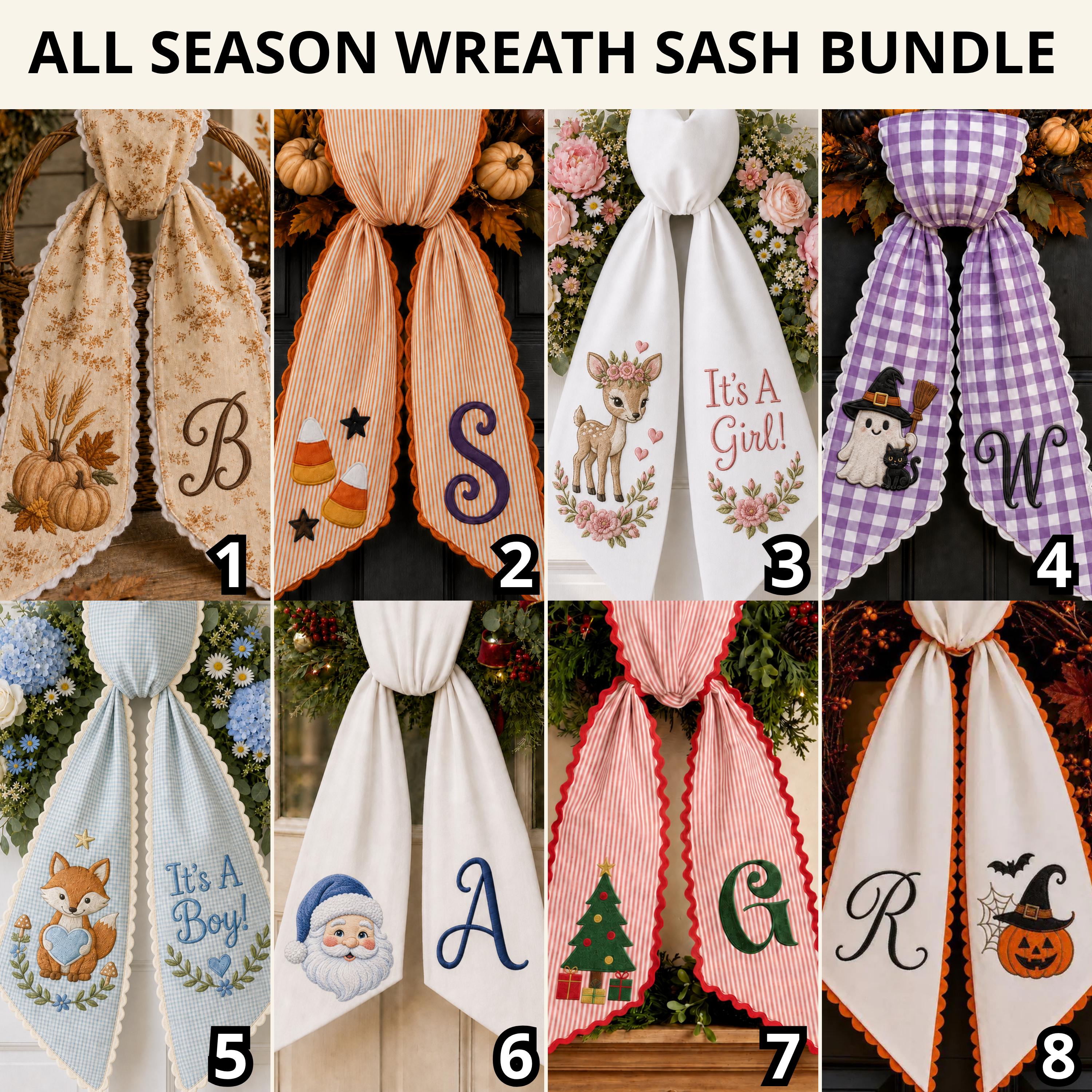 Custom All-Season Monogram Bow Wreath Sash Bundle for Choose 4 or 8 Set with Personalized Little Girl Gingerbread Floral Decor