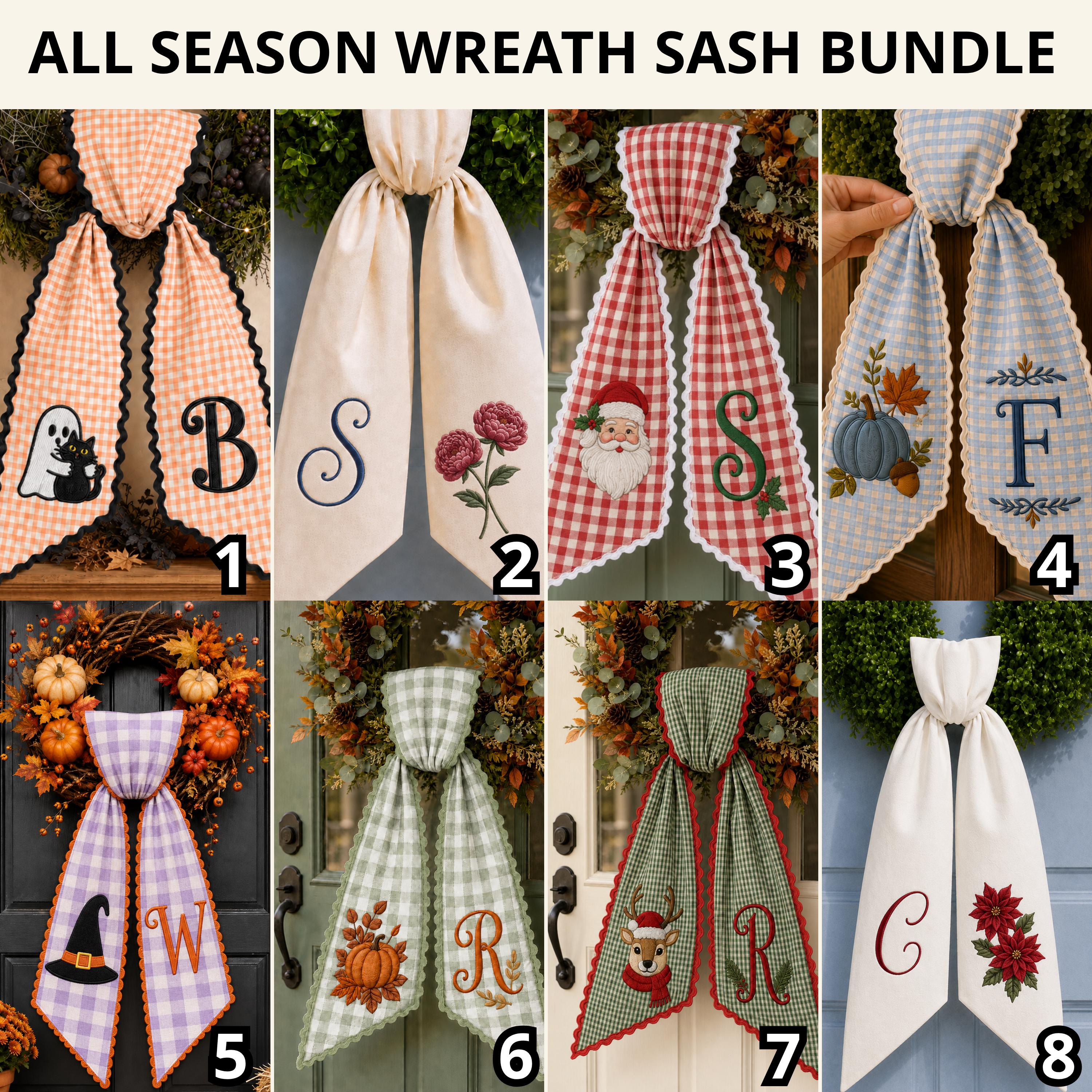 Custom All-Season Monogram Bow Wreath Sash Bundle for Choose 4 or 8 Set with Personalized USA Baby Halloween Christmas Door Decor