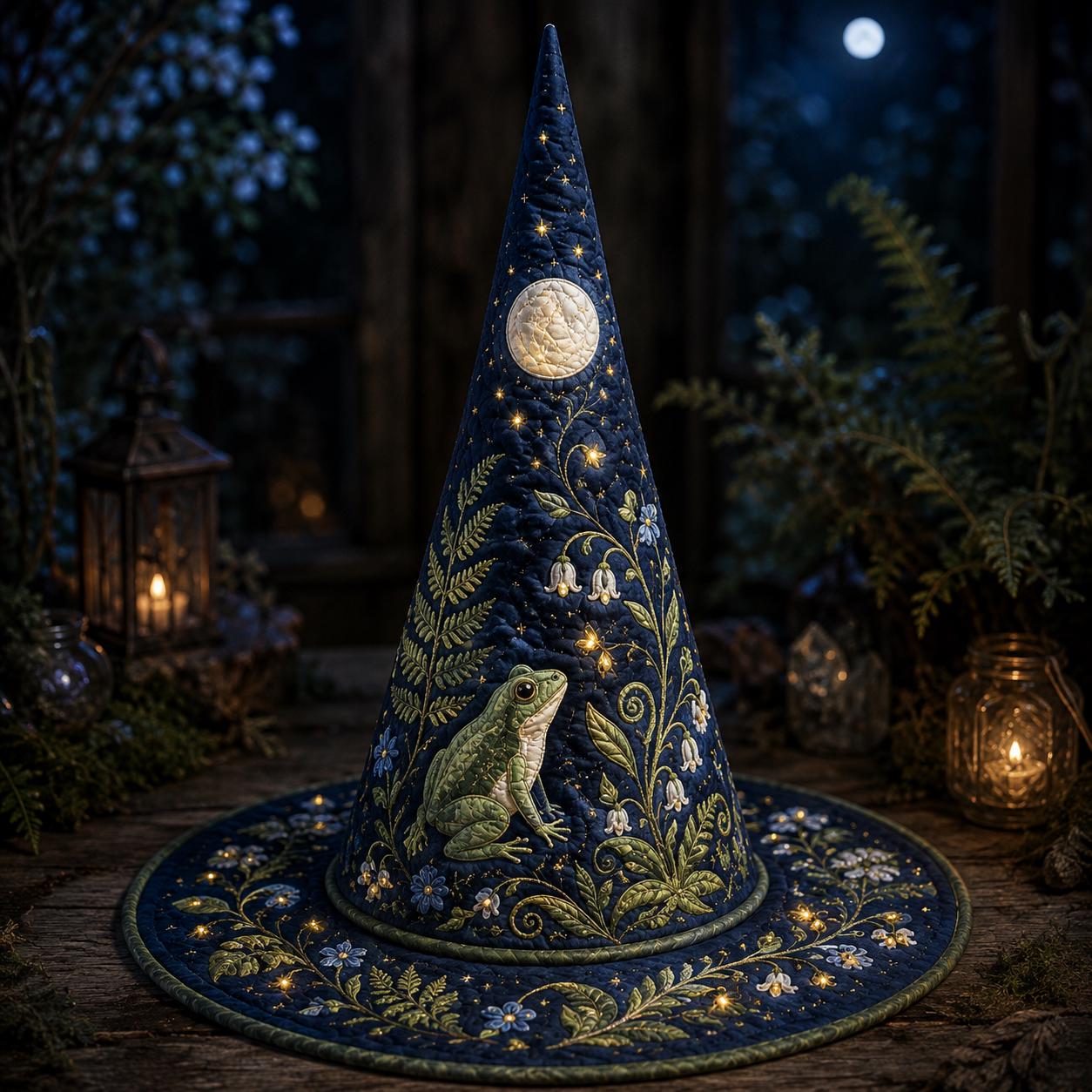 Moonlit Frog Quilted Witch Hat with Celestial Botanical Halloween Decor, Whimsical Witchy Centerpiece, and Frog Lover Gift