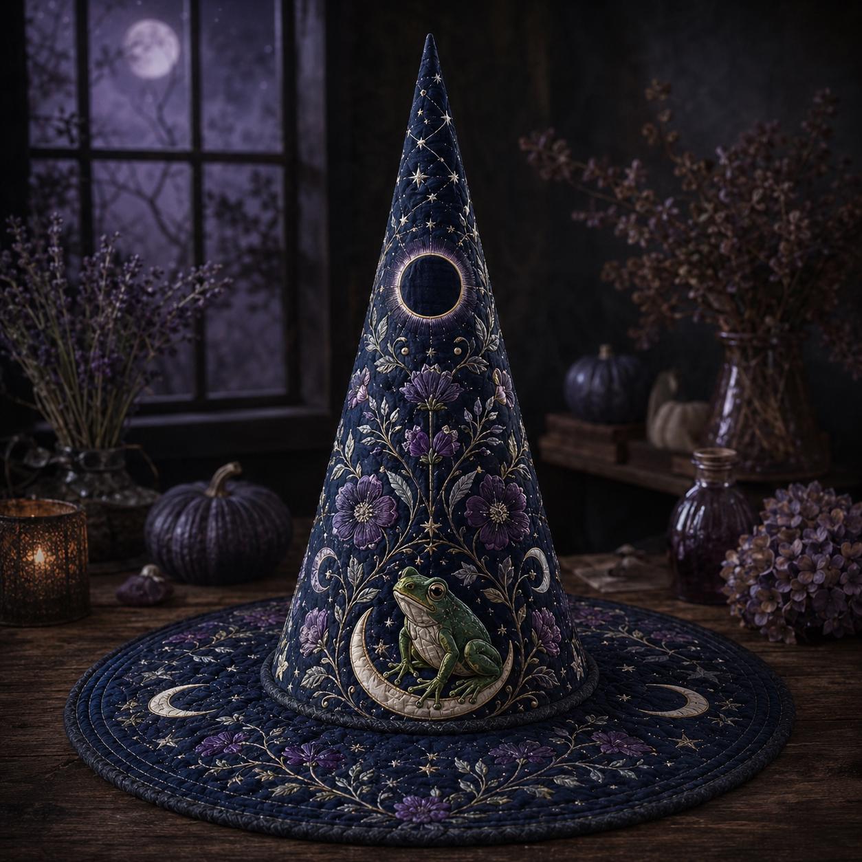 Moonlit Frog Quilted Witch Hat with Celestial Botanical Halloween Decor, Whimsical Witchy Centerpiece, and Frog Lover Gift - photo 2