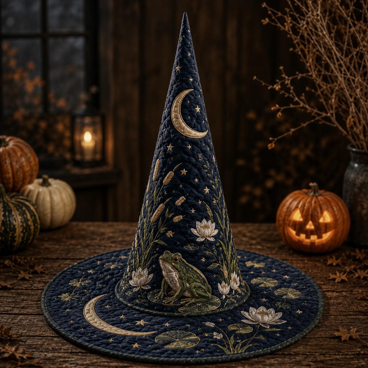 Moonlit Frog Quilted Witch Hat with Celestial Botanical Halloween Decor, Whimsical Witchy Centerpiece, and Frog Lover Gift - photo 3