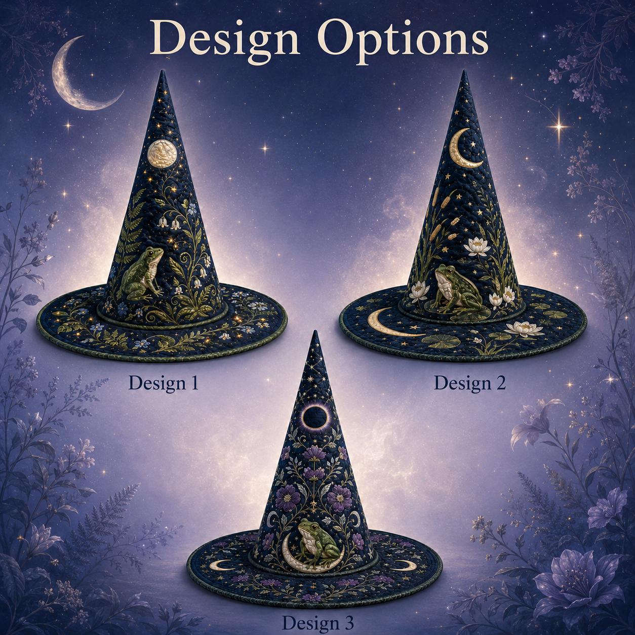 Moonlit Frog Quilted Witch Hat with Celestial Botanical Halloween Decor, Whimsical Witchy Centerpiece, and Frog Lover Gift - photo 4