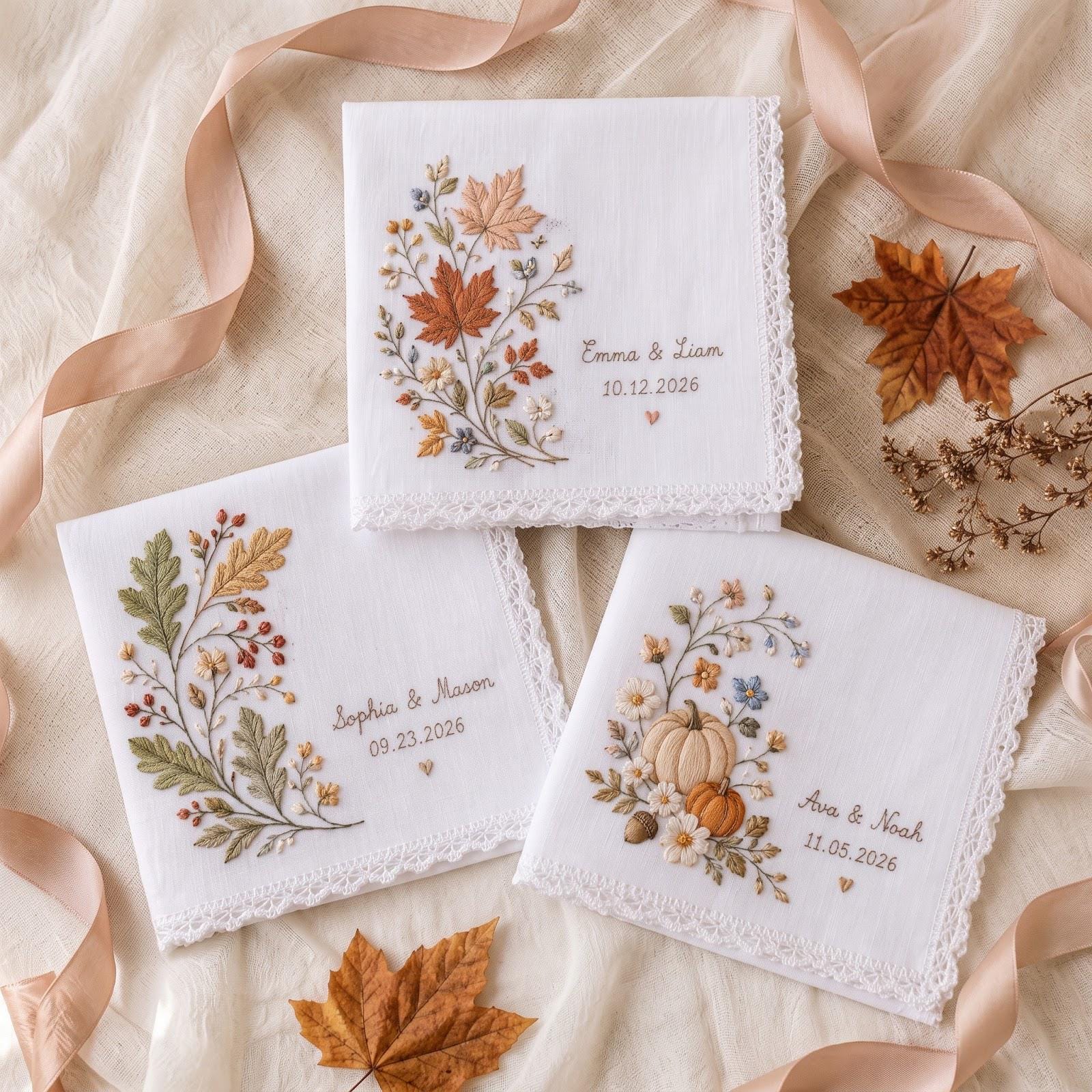 Handkerchief – Personalized Fall Wedding Hanky with Custom Names Date Embroidered Autumn Floral Maple Leaf Pumpkin Bridal Keepsake Gift for Bride
