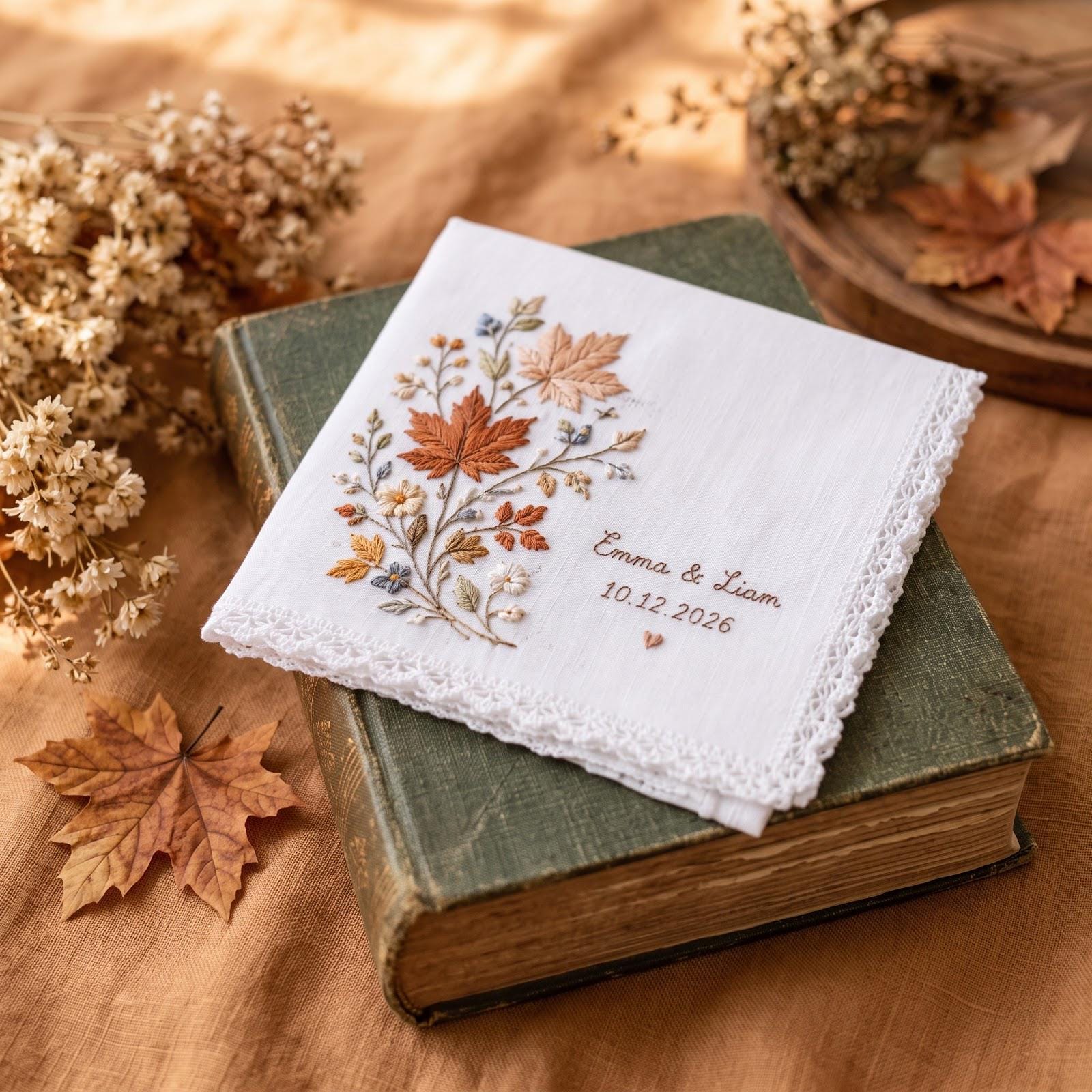 Handkerchief – Personalized Fall Wedding Hanky with Custom Names Date Embroidered Autumn Floral Maple Leaf Pumpkin Bridal Keepsake Gift for Bride - photo 2