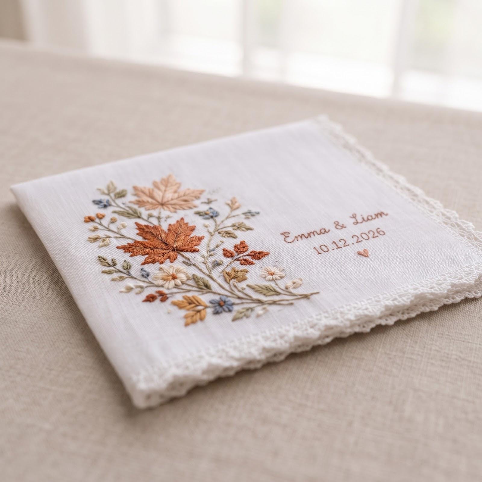 Handkerchief – Personalized Fall Wedding Hanky with Custom Names Date Embroidered Autumn Floral Maple Leaf Pumpkin Bridal Keepsake Gift for Bride - photo 3