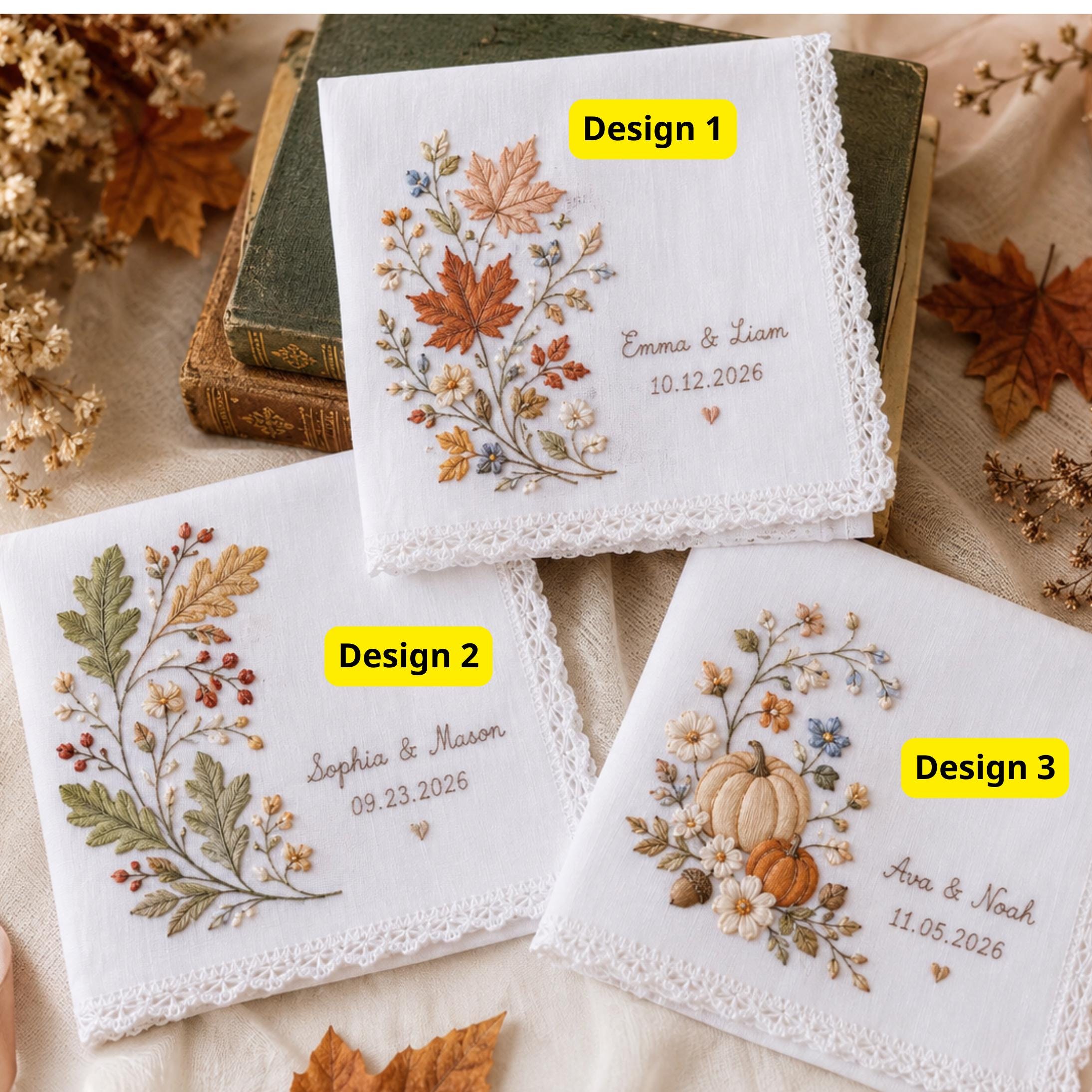 Handkerchief – Personalized Fall Wedding Hanky with Custom Names Date Embroidered Autumn Floral Maple Leaf Pumpkin Bridal Keepsake Gift for Bride - photo 4