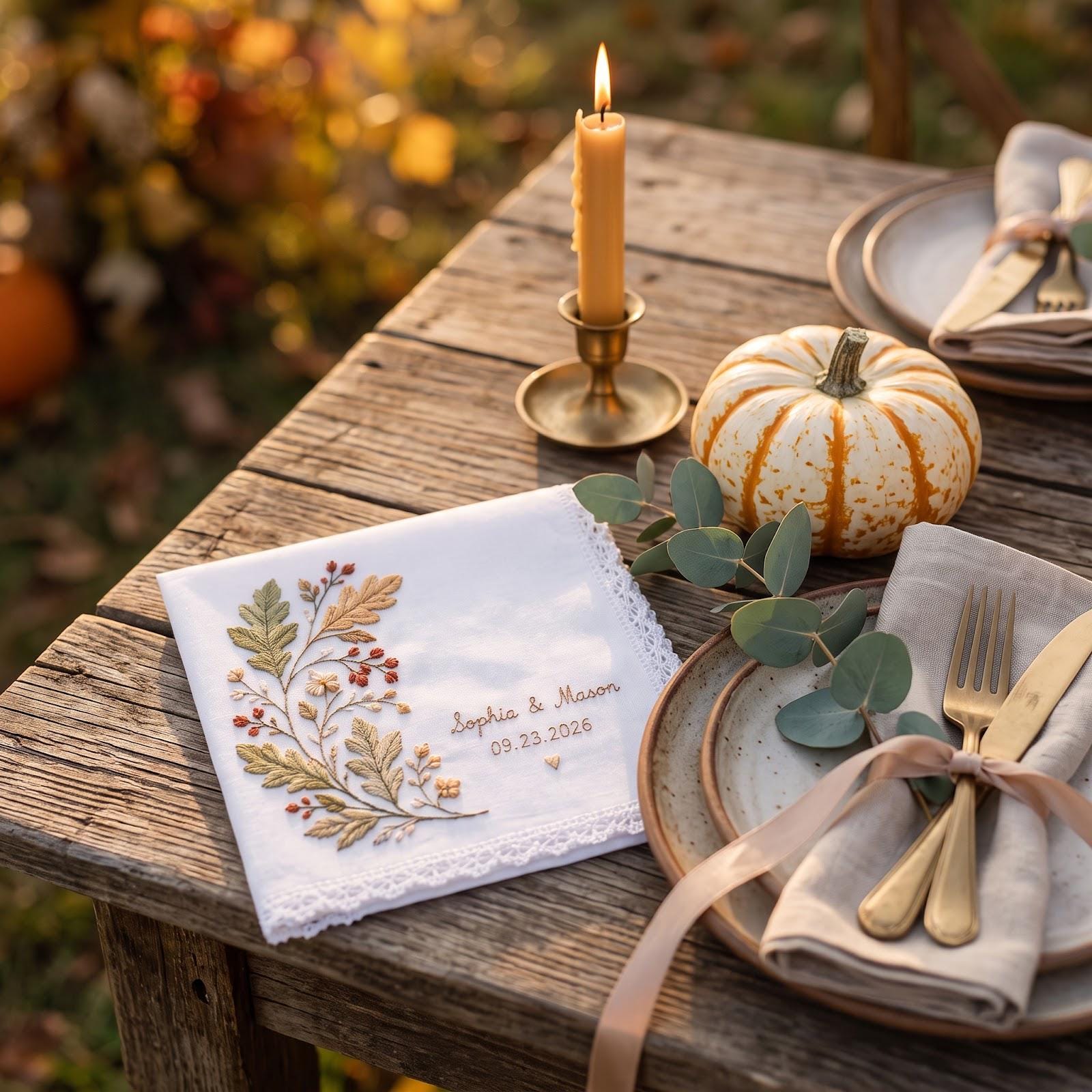 Handkerchief – Personalized Fall Wedding Hanky with Custom Names Date Embroidered Autumn Floral Maple Leaf Pumpkin Bridal Keepsake Gift for Bride - photo 8