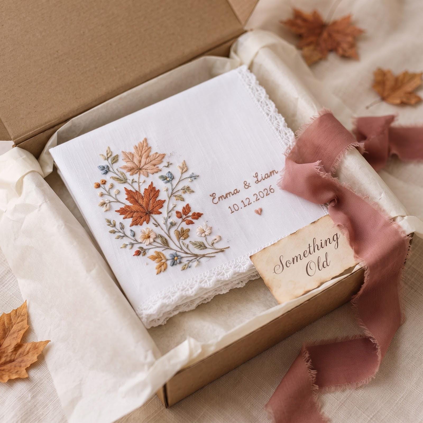 Handkerchief – Personalized Fall Wedding Hanky with Custom Names Date Embroidered Autumn Floral Maple Leaf Pumpkin Bridal Keepsake Gift for Bride - photo 9