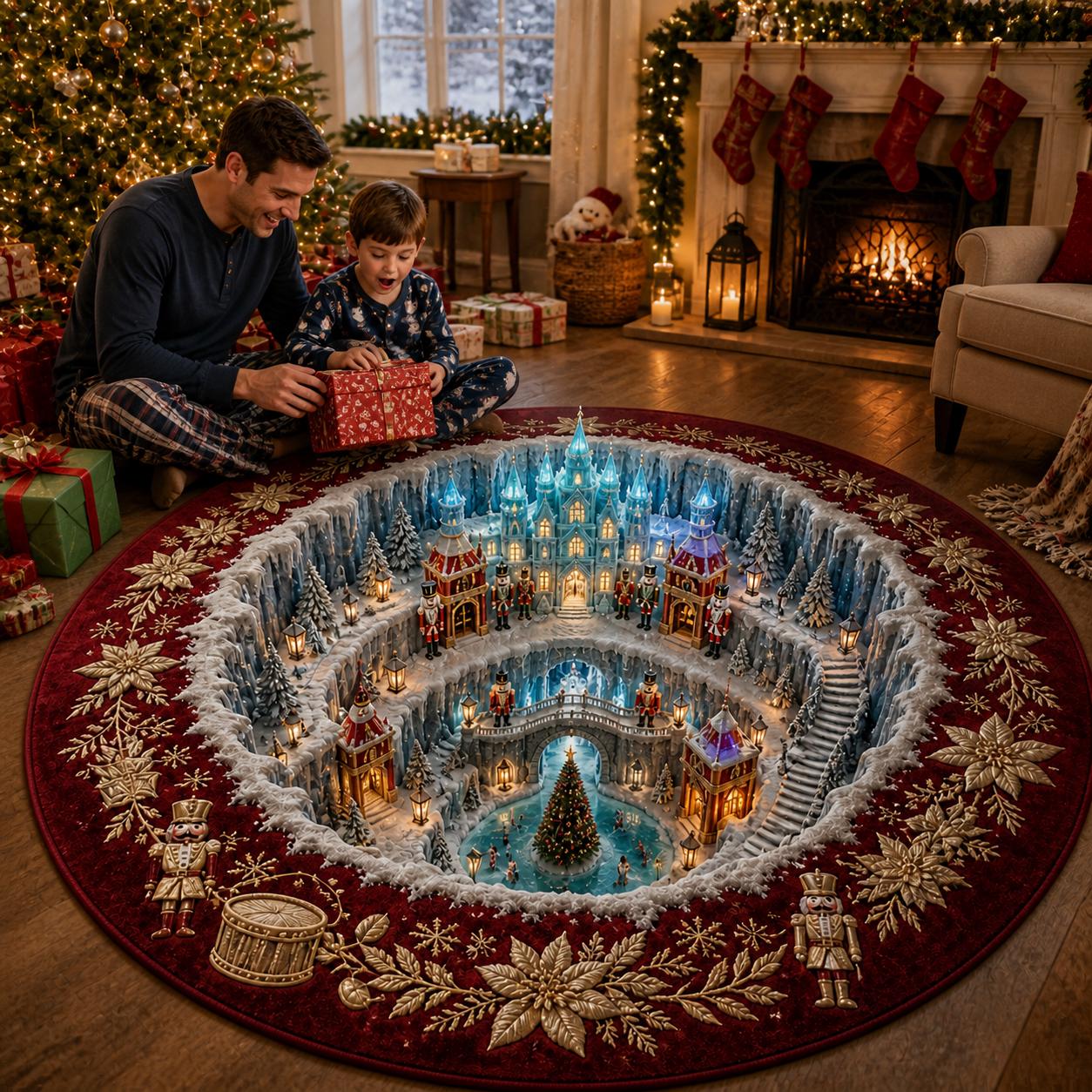 Christmas 3D Round Rug with Winter Wonderland Area Rug, Snowy Village Holiday Carpet, Christmas Room Decor, Winter Home Decor, and Gift for Family