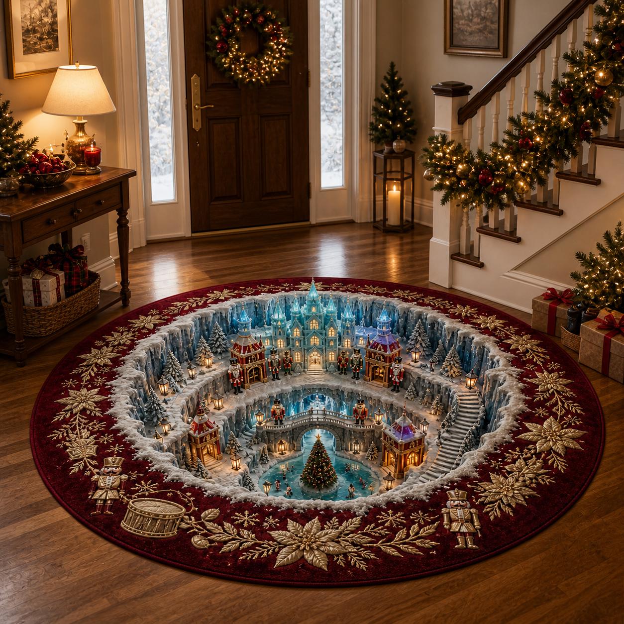 Christmas 3D Round Rug with Winter Wonderland Area Rug, Snowy Village Holiday Carpet, Christmas Room Decor, Winter Home Decor, and Gift for Family - photo 2
