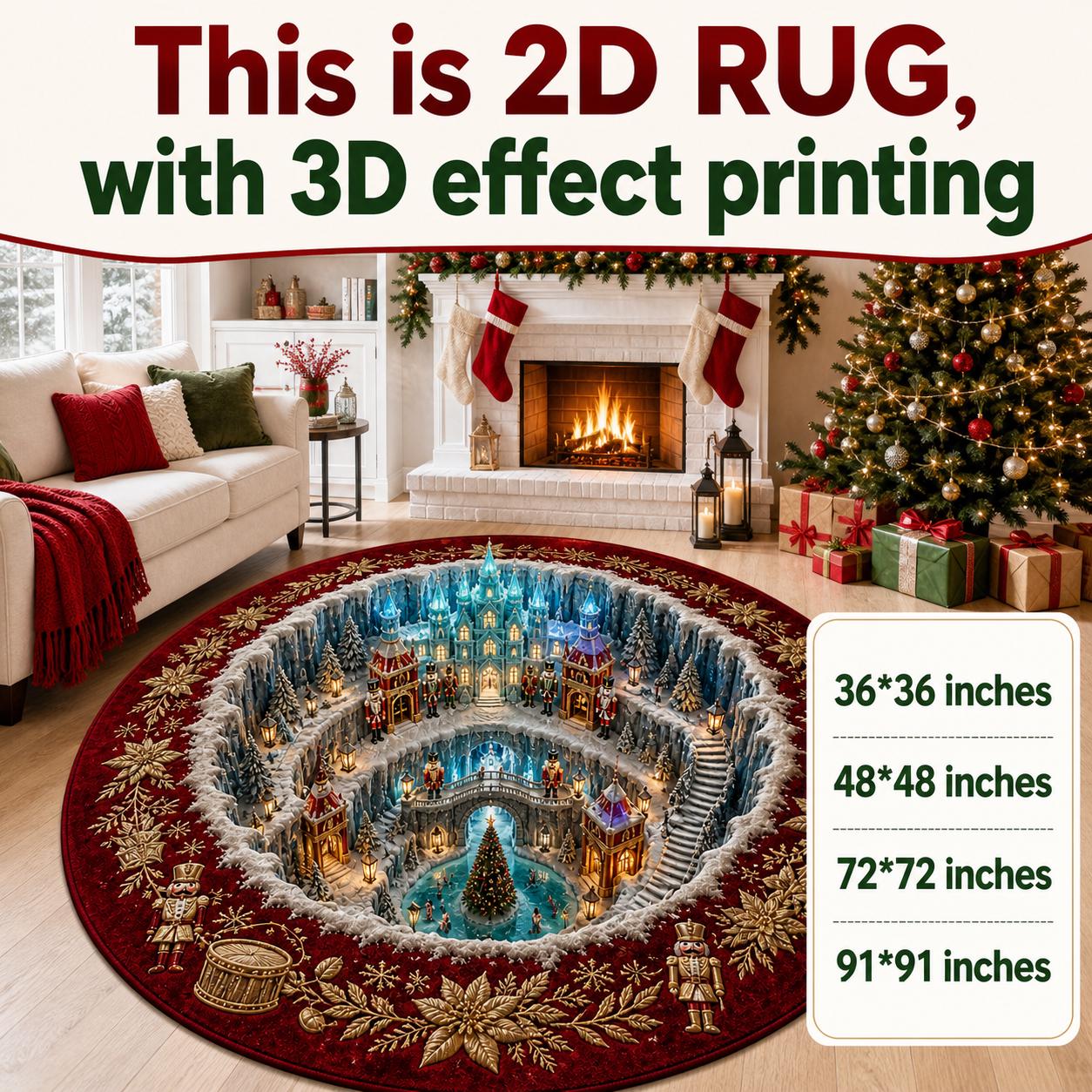 Christmas 3D Round Rug with Winter Wonderland Area Rug, Snowy Village Holiday Carpet, Christmas Room Decor, Winter Home Decor, and Gift for Family - photo 3