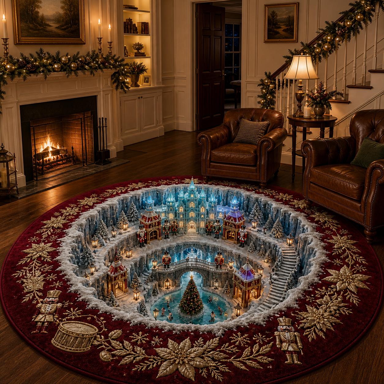 Christmas 3D Round Rug with Winter Wonderland Area Rug, Snowy Village Holiday Carpet, Christmas Room Decor, Winter Home Decor, and Gift for Family - photo 5