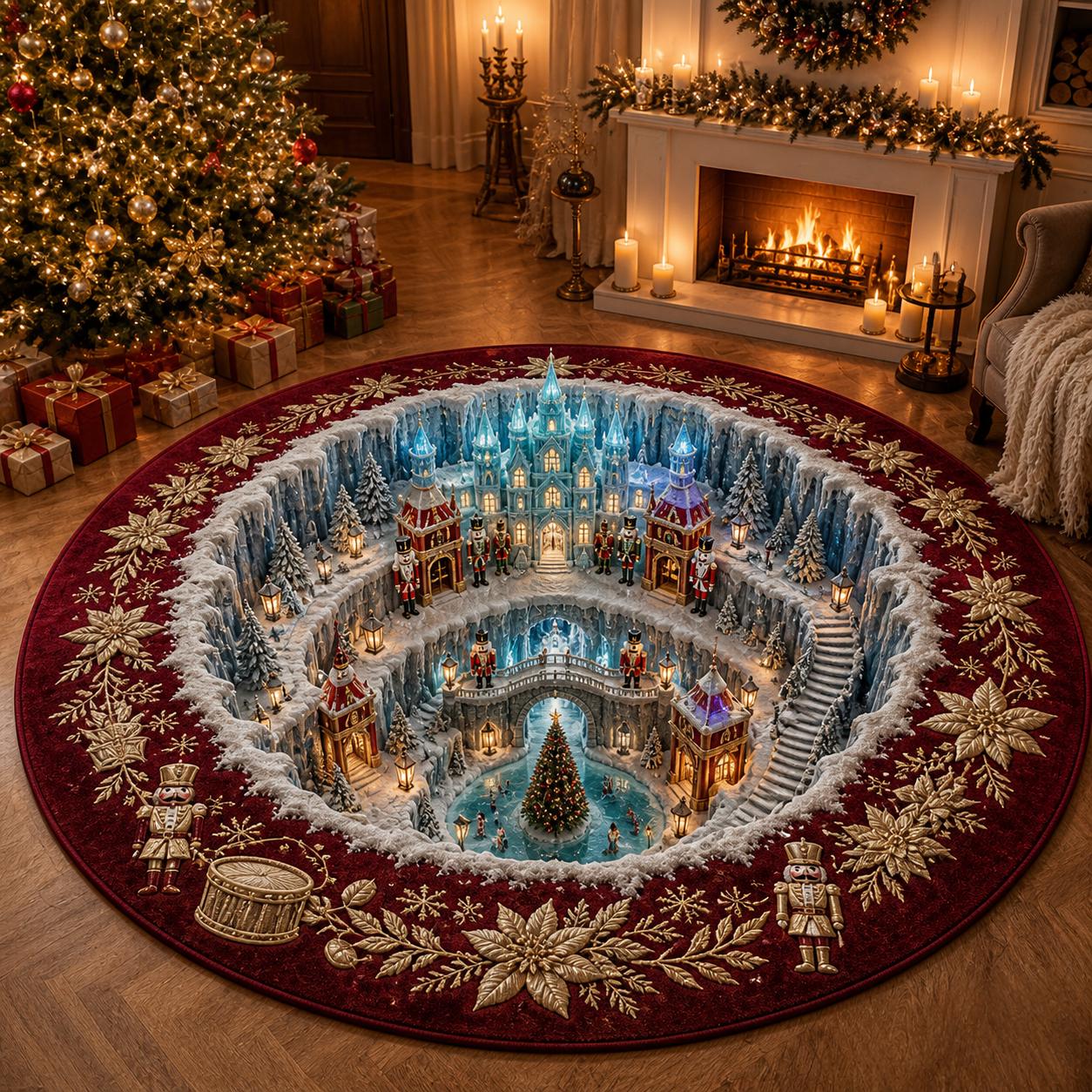 Christmas 3D Round Rug with Winter Wonderland Area Rug, Snowy Village Holiday Carpet, Christmas Room Decor, Winter Home Decor, and Gift for Family - photo 6