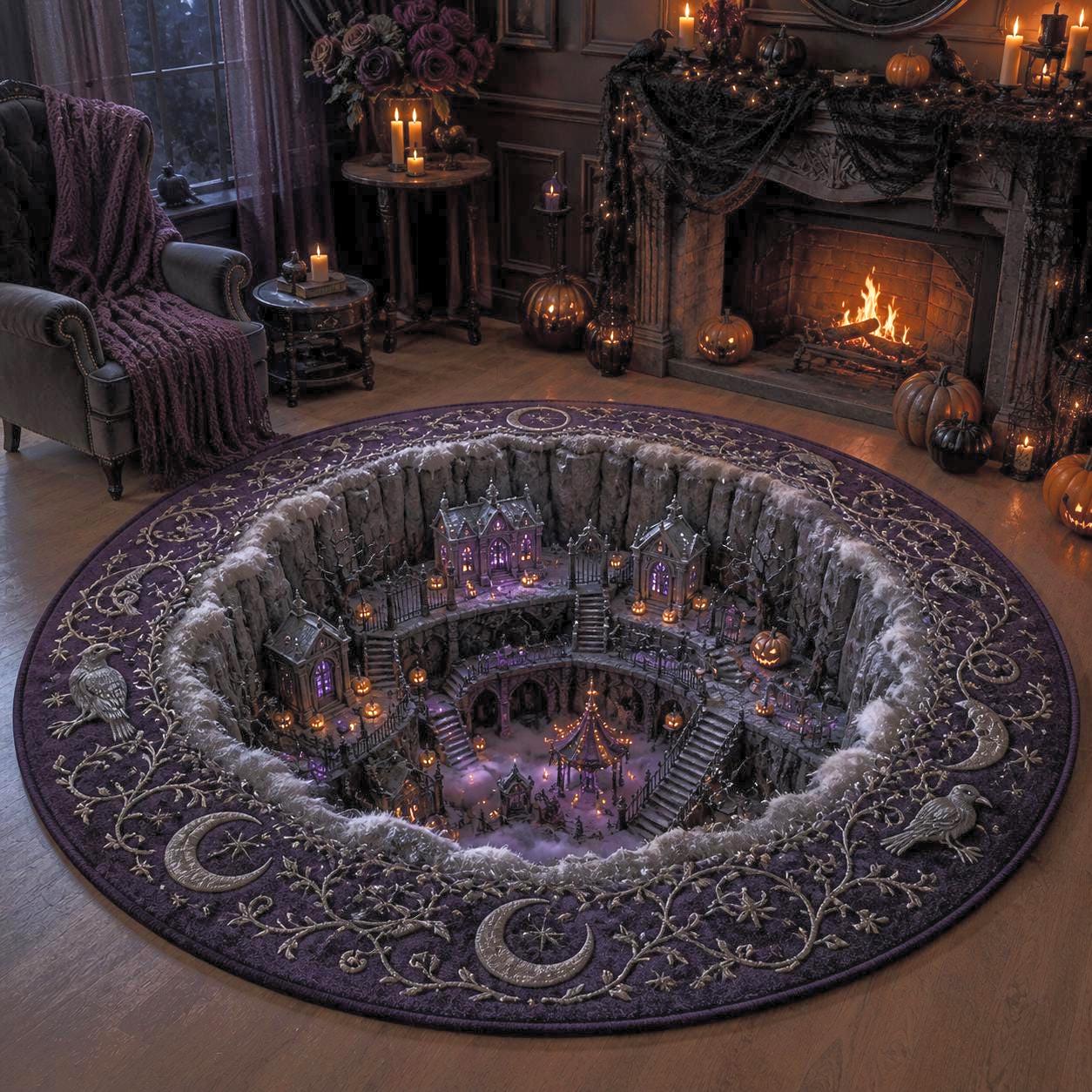 Halloween Haunted House 3D Round Rug with Gothic Village Area Rug, Spooky Haunted Manor Carpet, Dark Cottage Decor, and Halloween Floor Decor
