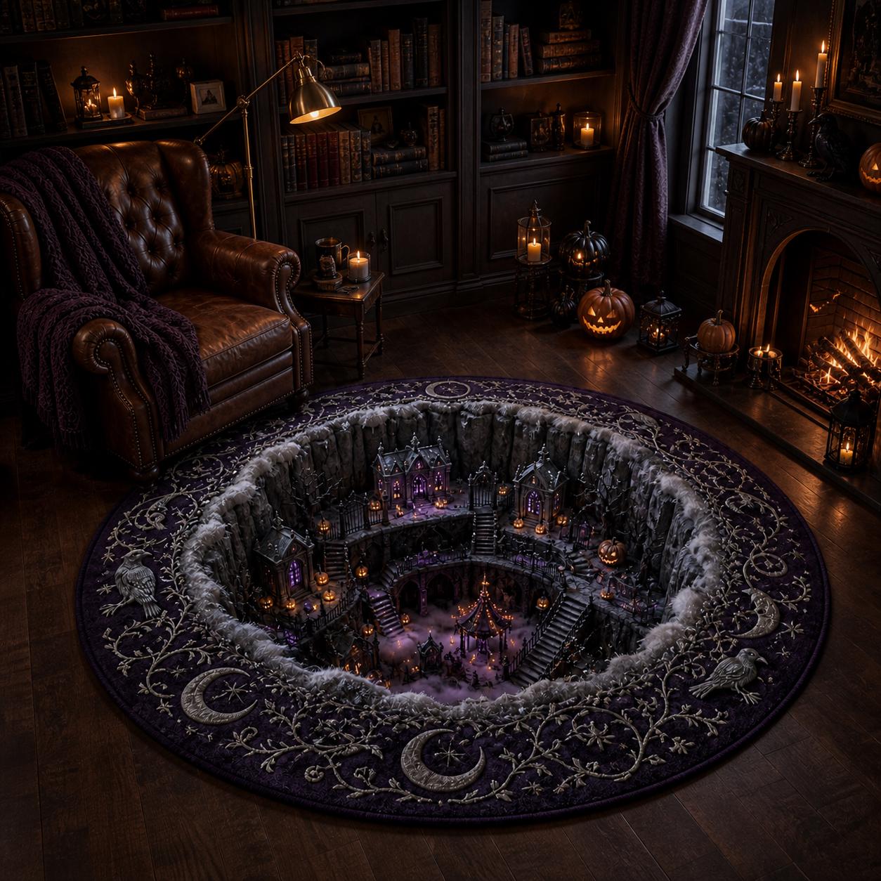 Halloween Haunted House 3D Round Rug with Gothic Village Area Rug, Spooky Haunted Manor Carpet, Dark Cottage Decor, and Halloween Floor Decor - photo 2