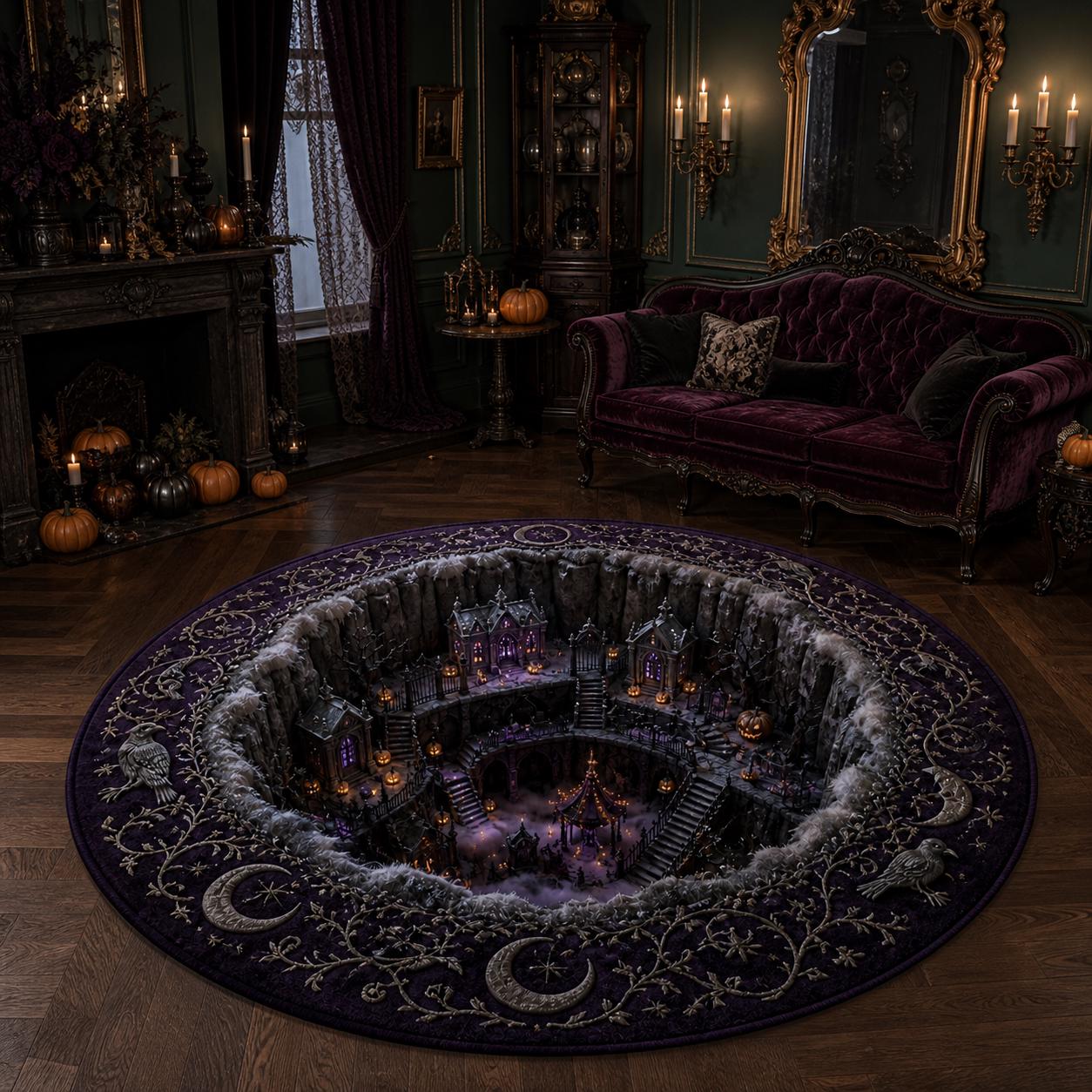 Halloween Haunted House 3D Round Rug with Gothic Village Area Rug, Spooky Haunted Manor Carpet, Dark Cottage Decor, and Halloween Floor Decor - photo 5