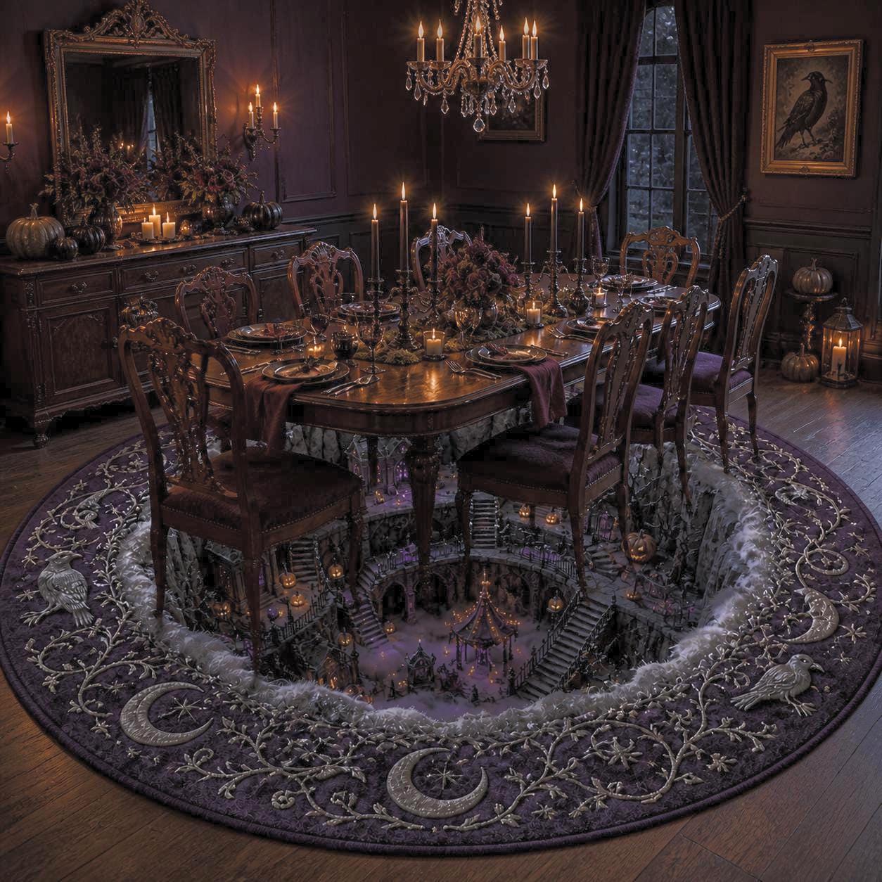 Halloween Haunted House 3D Round Rug with Gothic Village Area Rug, Spooky Haunted Manor Carpet, Dark Cottage Decor, and Halloween Floor Decor - photo 6