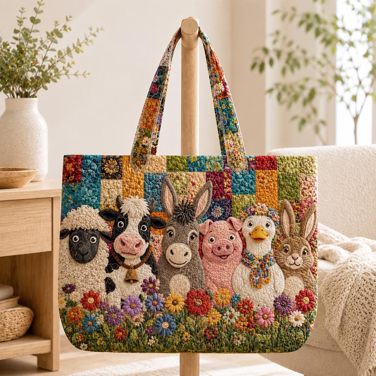 Floral Patchwork Farm Animal Quilted Tote Bag with Sheep Cow Pig Donkey Duck Rabbit – Cottagecore Farmhouse Shoulder Bag Gift