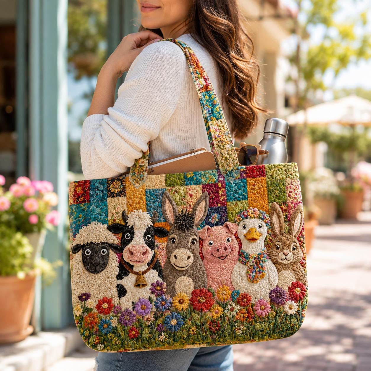 Floral Patchwork Farm Animal Quilted Tote Bag with Sheep Cow Pig Donkey Duck Rabbit – Cottagecore Farmhouse Shoulder Bag Gift - photo 2