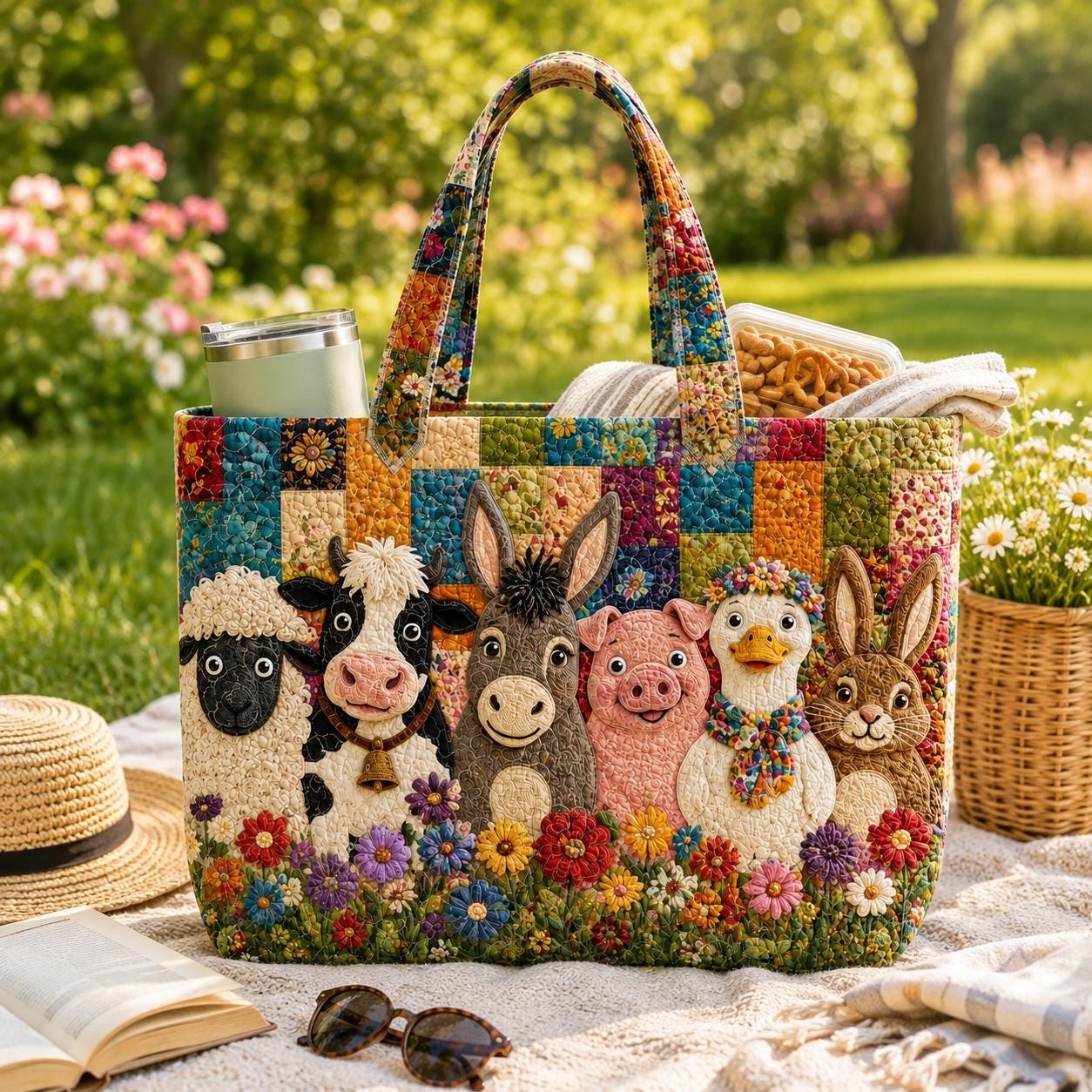Floral Patchwork Farm Animal Quilted Tote Bag with Sheep Cow Pig Donkey Duck Rabbit – Cottagecore Farmhouse Shoulder Bag Gift - photo 4
