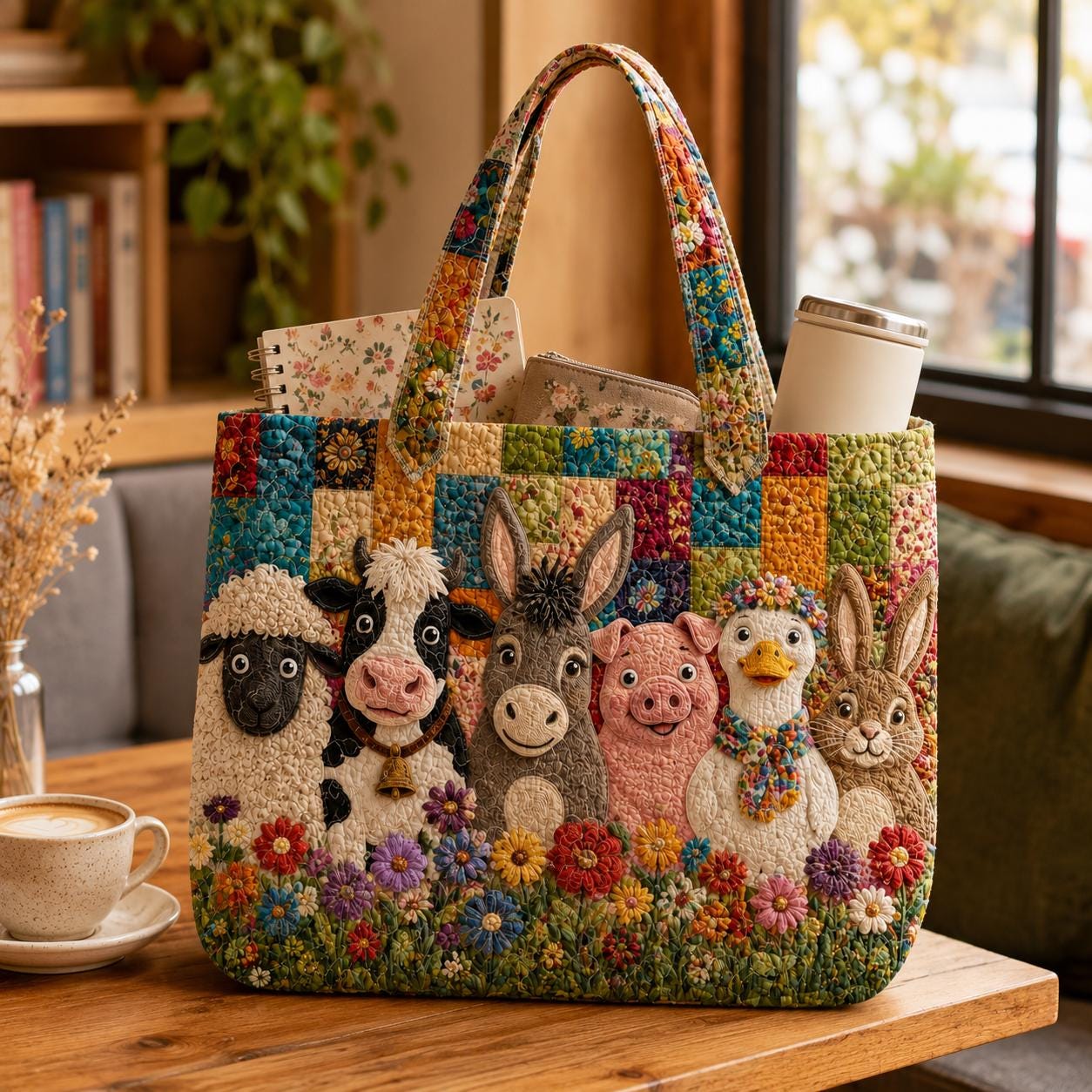 Floral Patchwork Farm Animal Quilted Tote Bag with Sheep Cow Pig Donkey Duck Rabbit – Cottagecore Farmhouse Shoulder Bag Gift - photo 5