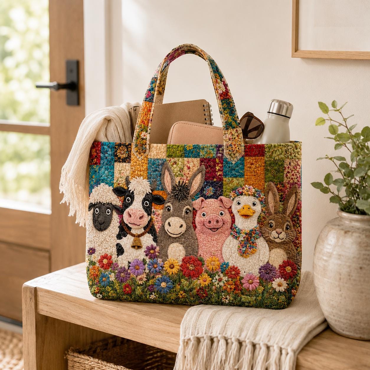 Floral Patchwork Farm Animal Quilted Tote Bag with Sheep Cow Pig Donkey Duck Rabbit – Cottagecore Farmhouse Shoulder Bag Gift - photo 6