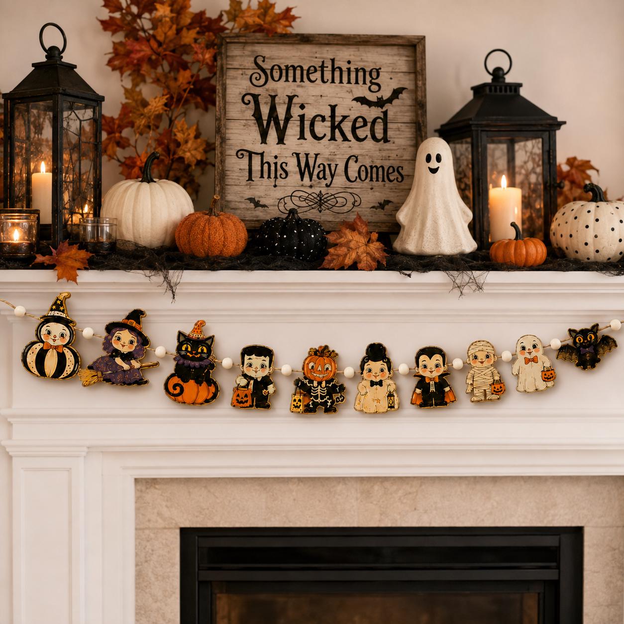 Halloween Wooden Garland with Vintage Witch Ghost Pumpkin Character Banner for Retro Spooky Mantel Home Decor