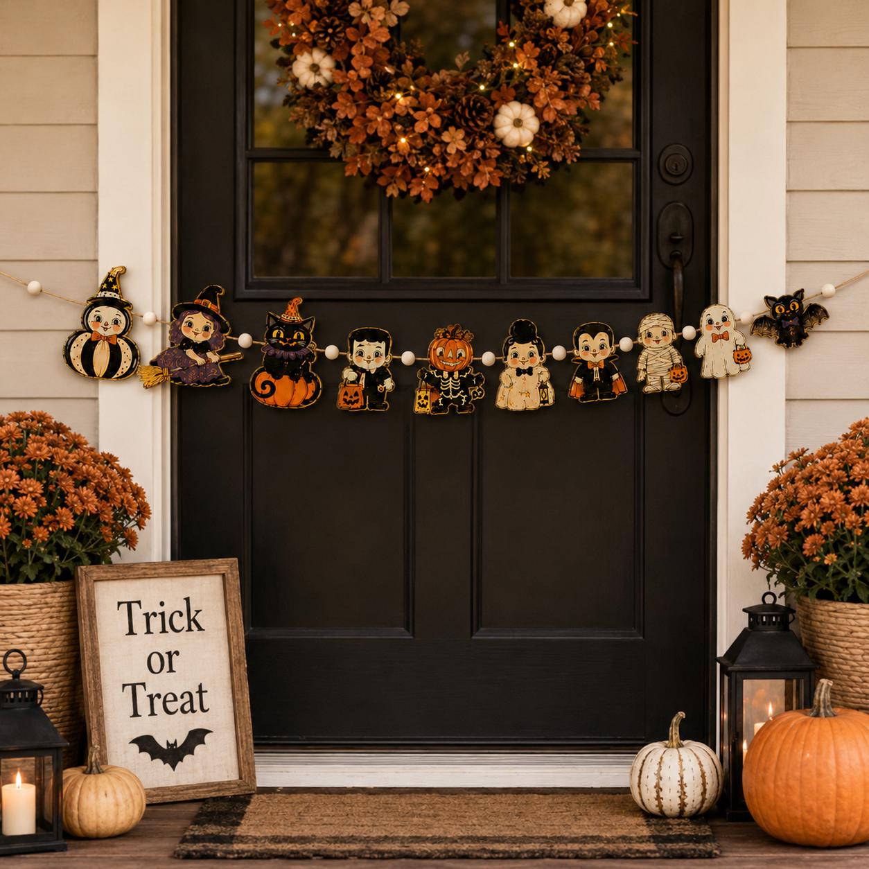Halloween Wooden Garland with Vintage Witch Ghost Pumpkin Character Banner for Retro Spooky Mantel Home Decor - photo 2
