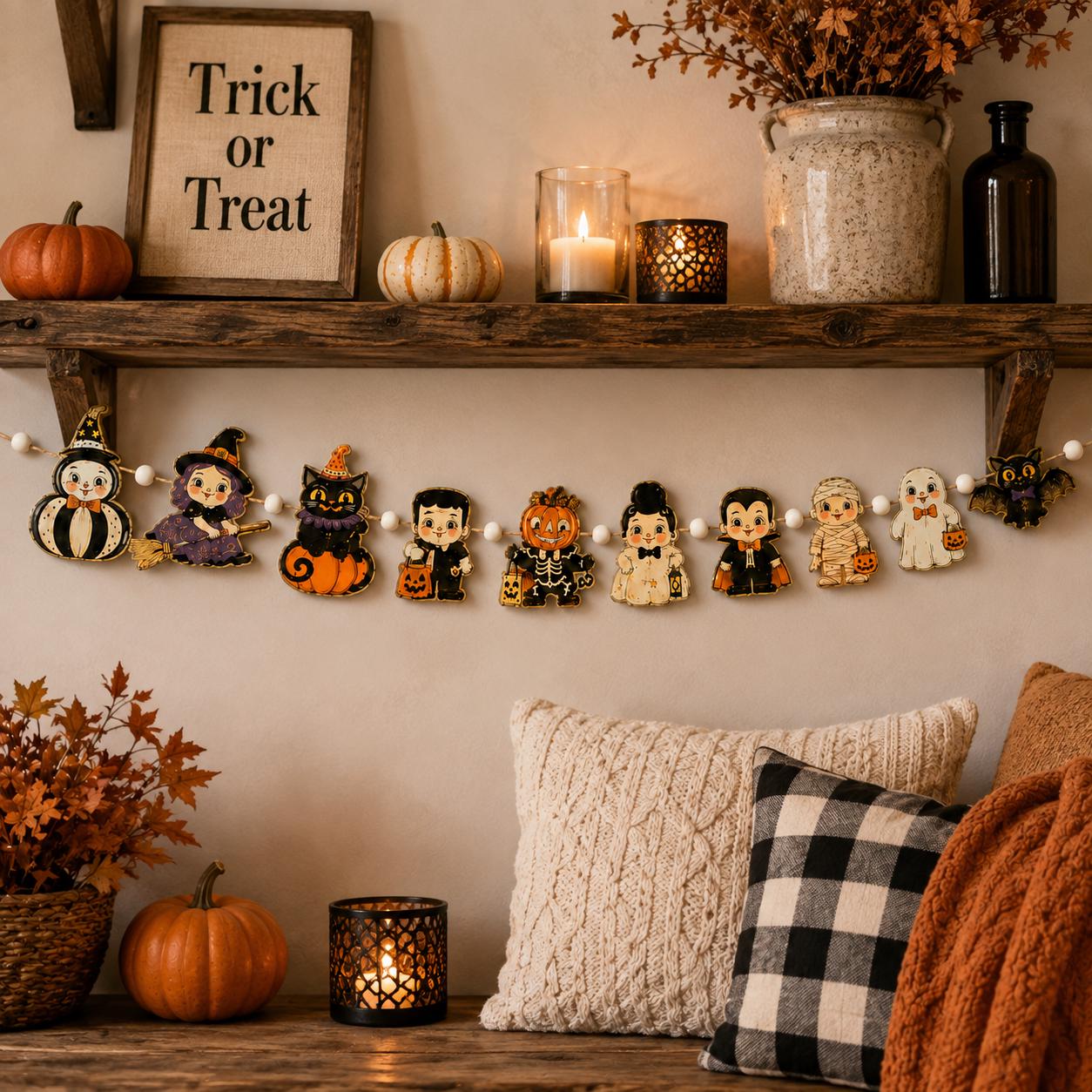 Halloween Wooden Garland with Vintage Witch Ghost Pumpkin Character Banner for Retro Spooky Mantel Home Decor - photo 5