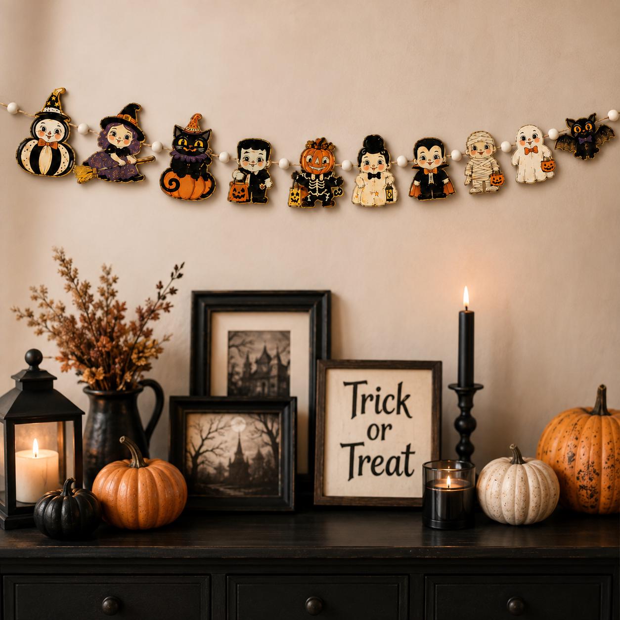 Halloween Wooden Garland with Vintage Witch Ghost Pumpkin Character Banner for Retro Spooky Mantel Home Decor - photo 6