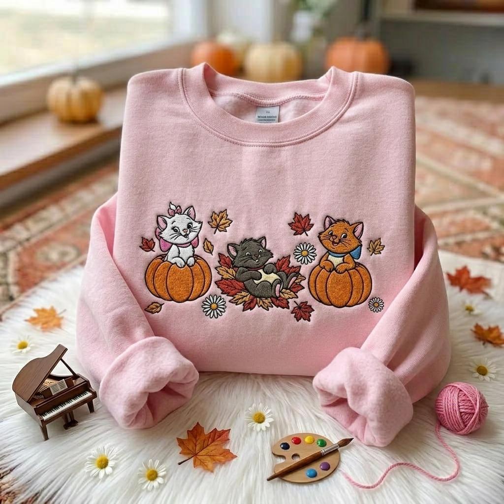 Embroidered The Aristocats Fall Sweatshirt with Marie Toulouse Berlioz and Pumpkin – Cute Disney Cat Comfort Colors T-Shirt Trip Outfit