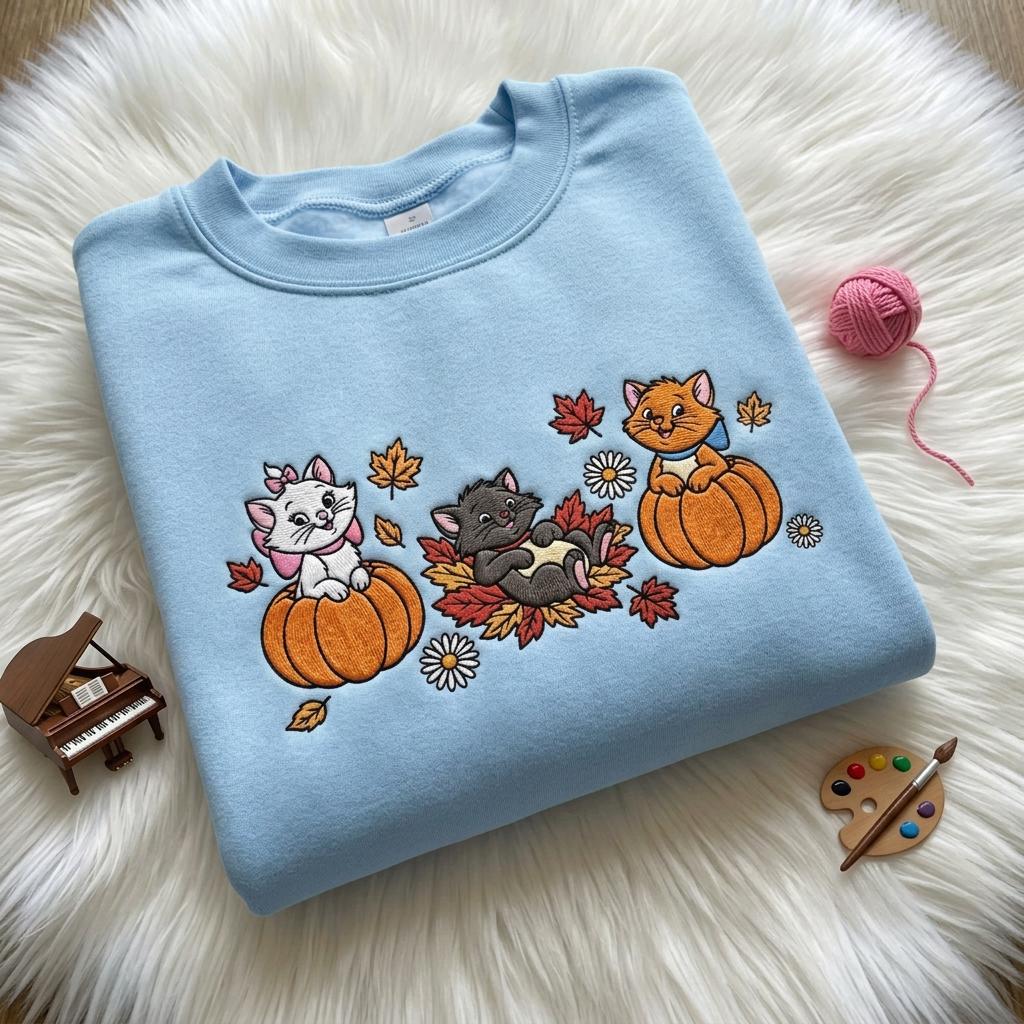 Embroidered The Aristocats Fall Sweatshirt with Marie Toulouse Berlioz and Pumpkin – Cute Disney Cat Comfort Colors T-Shirt Trip Outfit - photo 2
