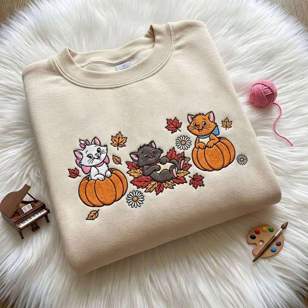 Embroidered The Aristocats Fall Sweatshirt with Marie Toulouse Berlioz and Pumpkin – Cute Disney Cat Comfort Colors T-Shirt Trip Outfit - photo 3