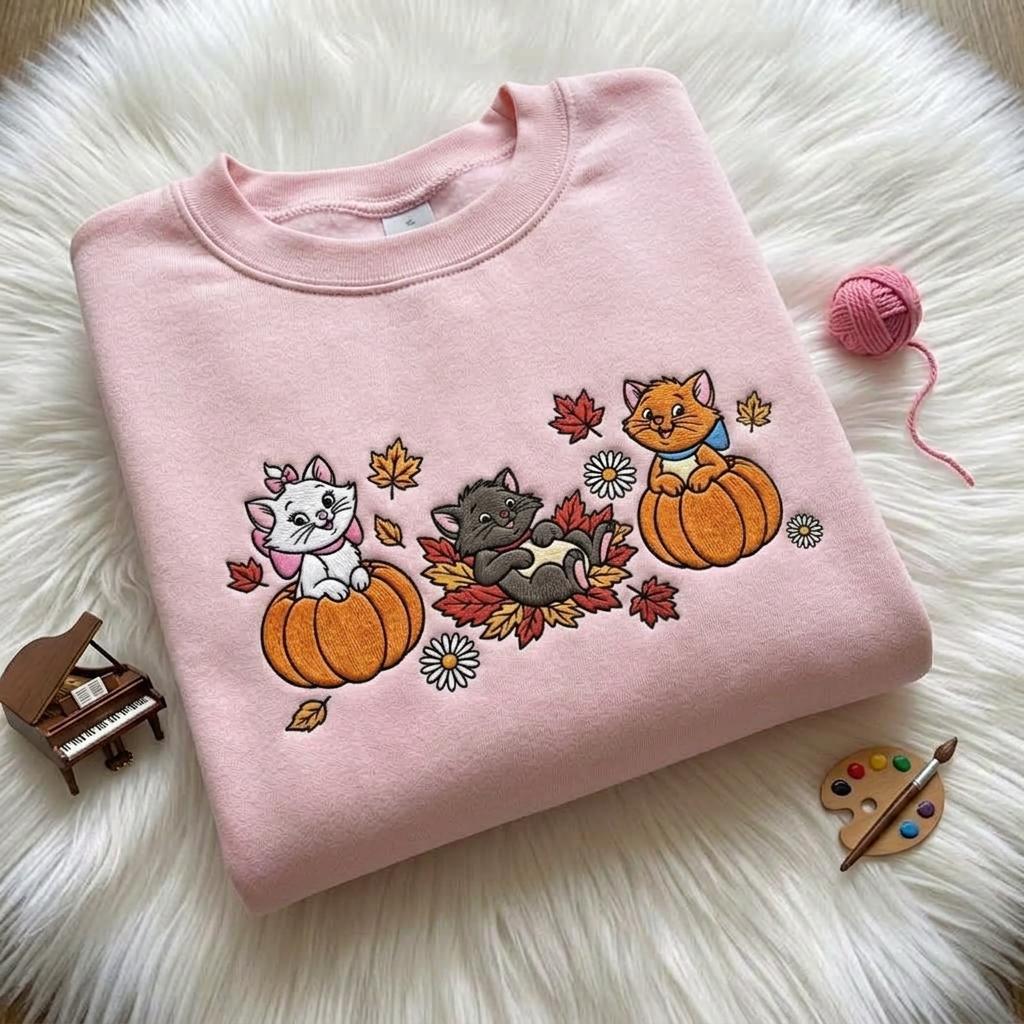 Embroidered The Aristocats Fall Sweatshirt with Marie Toulouse Berlioz and Pumpkin – Cute Disney Cat Comfort Colors T-Shirt Trip Outfit - photo 4