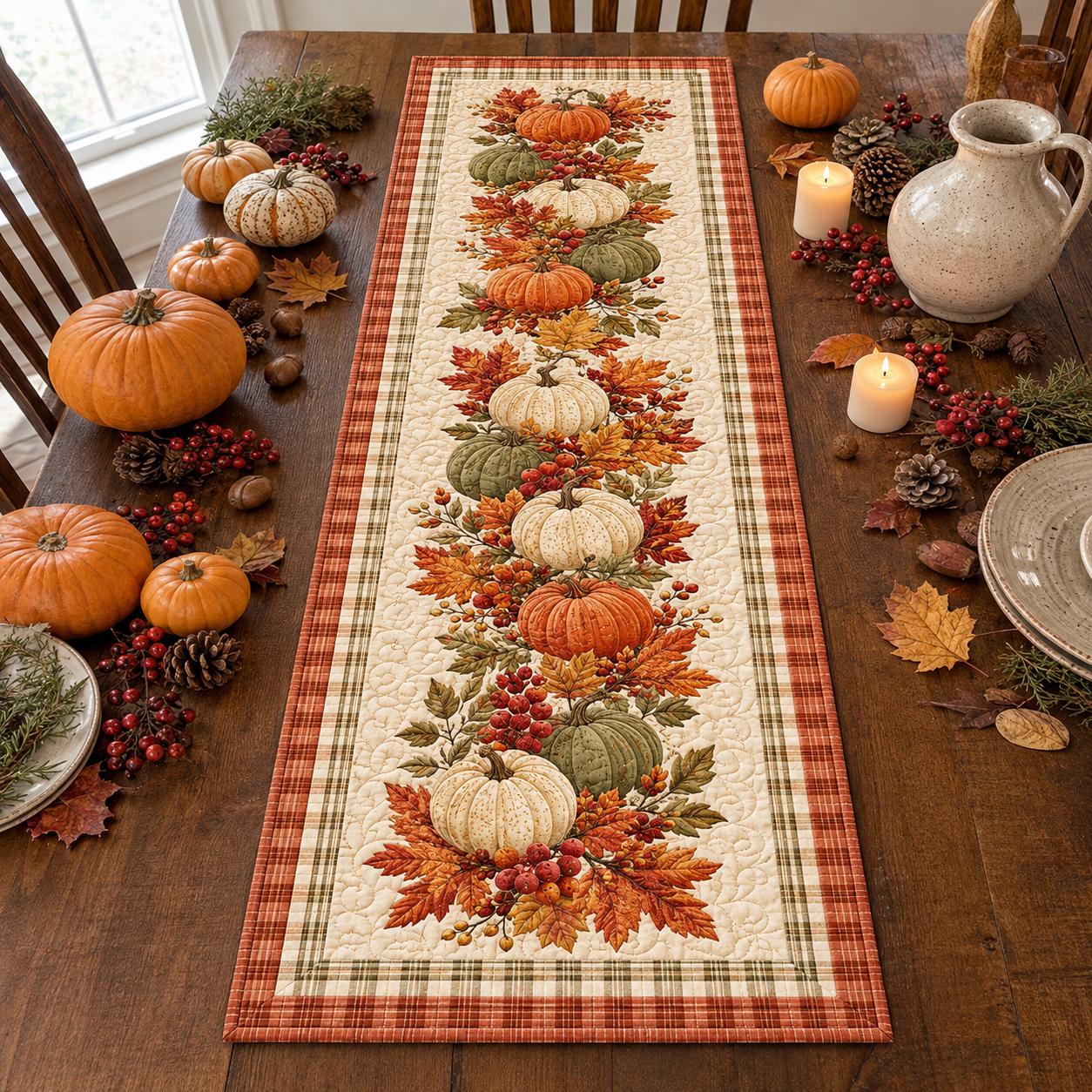 Pumpkin Table Runner with Quilt Style Fall Table Decor, Autumn Harvest Pumpkin Runner, and Thanksgiving Farmhouse Dining Decor