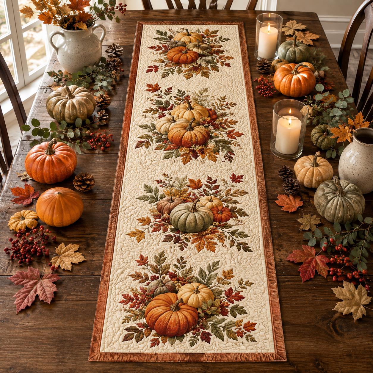 Pumpkin Table Runner with Quilt Style Fall Table Decor, Autumn Harvest Pumpkin Runner, and Thanksgiving Farmhouse Dining Decor - photo 2