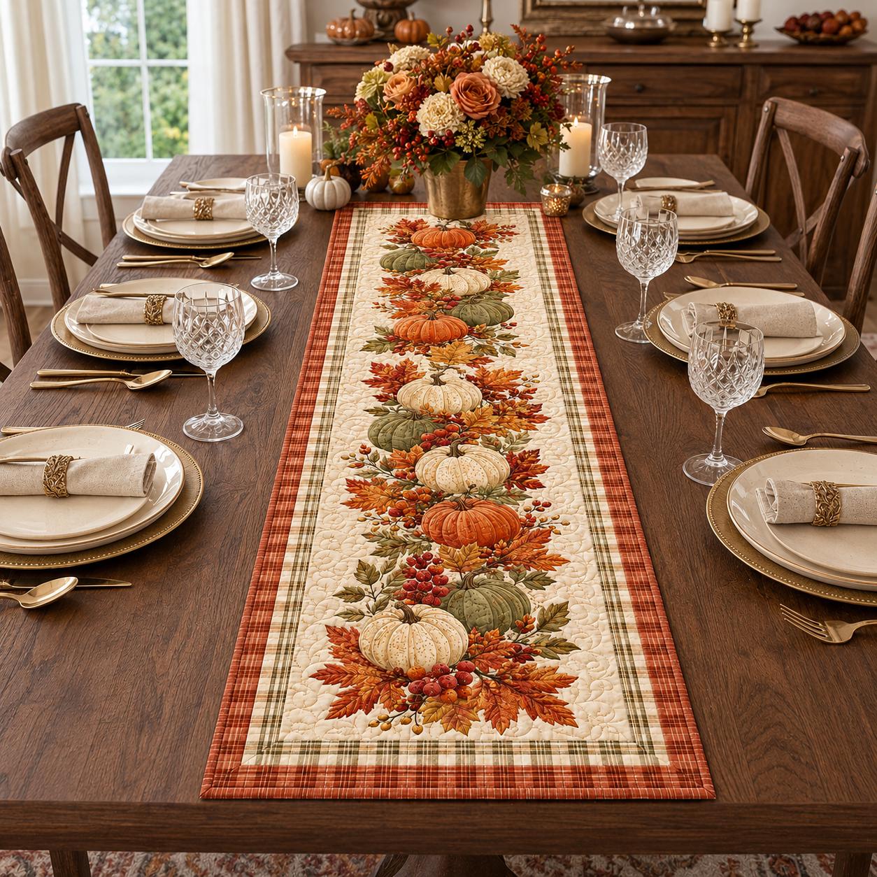 Pumpkin Table Runner with Quilt Style Fall Table Decor, Autumn Harvest Pumpkin Runner, and Thanksgiving Farmhouse Dining Decor - photo 5