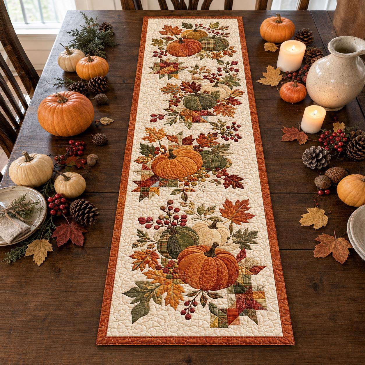 Pumpkin Table Runner with Quilt Style Fall Table Decor, Autumn Harvest Pumpkin Runner, and Thanksgiving Farmhouse Dining Decor - photo 6