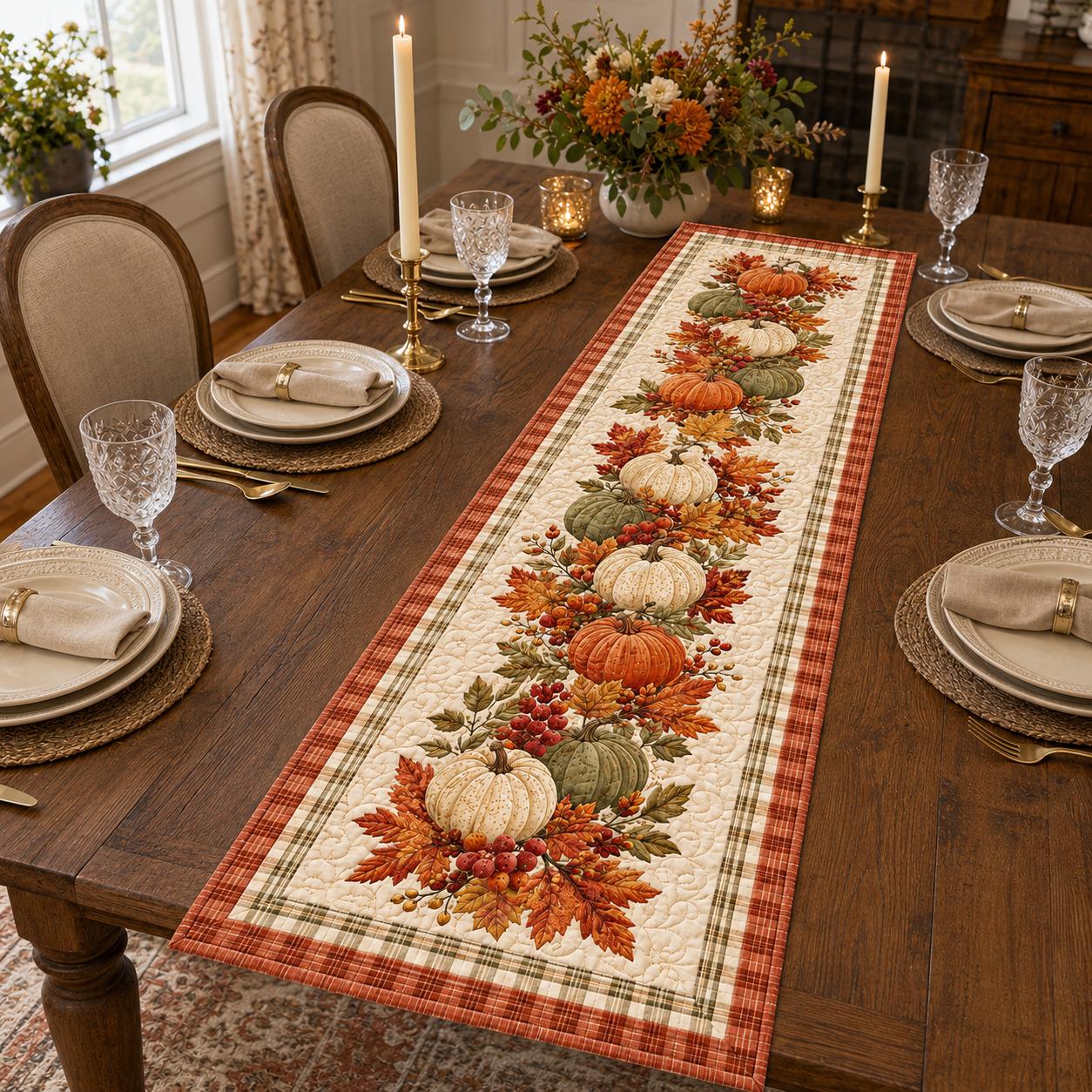 Pumpkin Table Runner with Quilt Style Fall Table Decor, Autumn Harvest Pumpkin Runner, and Thanksgiving Farmhouse Dining Decor - photo 7