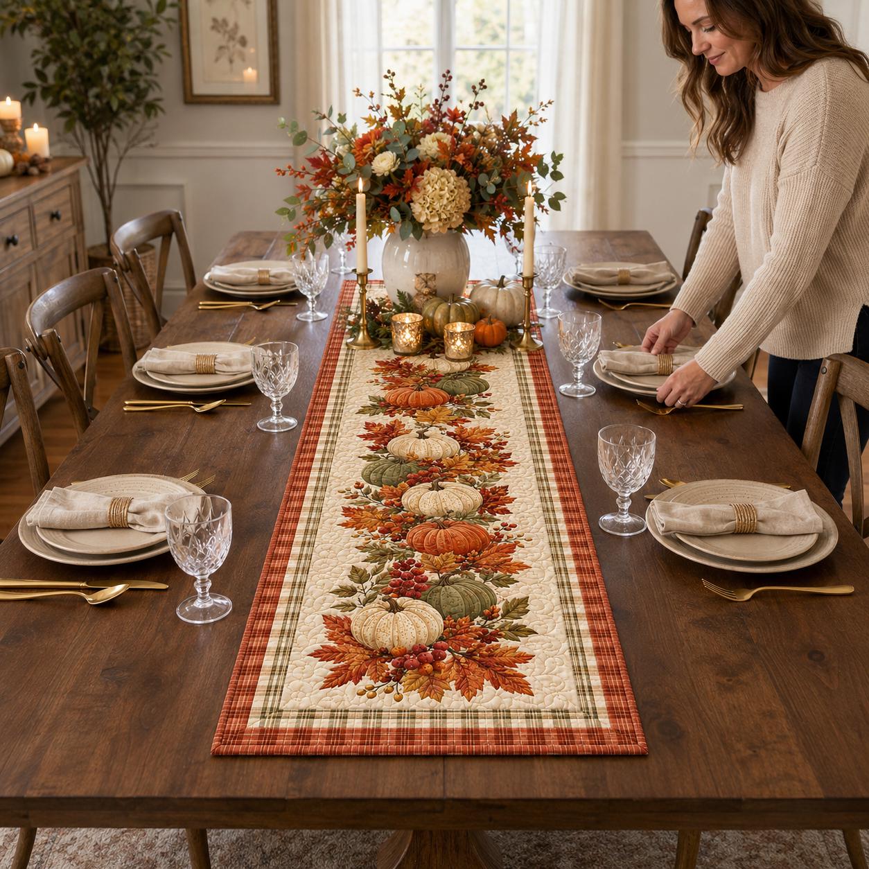 Pumpkin Table Runner with Quilt Style Fall Table Decor, Autumn Harvest Pumpkin Runner, and Thanksgiving Farmhouse Dining Decor - photo 8