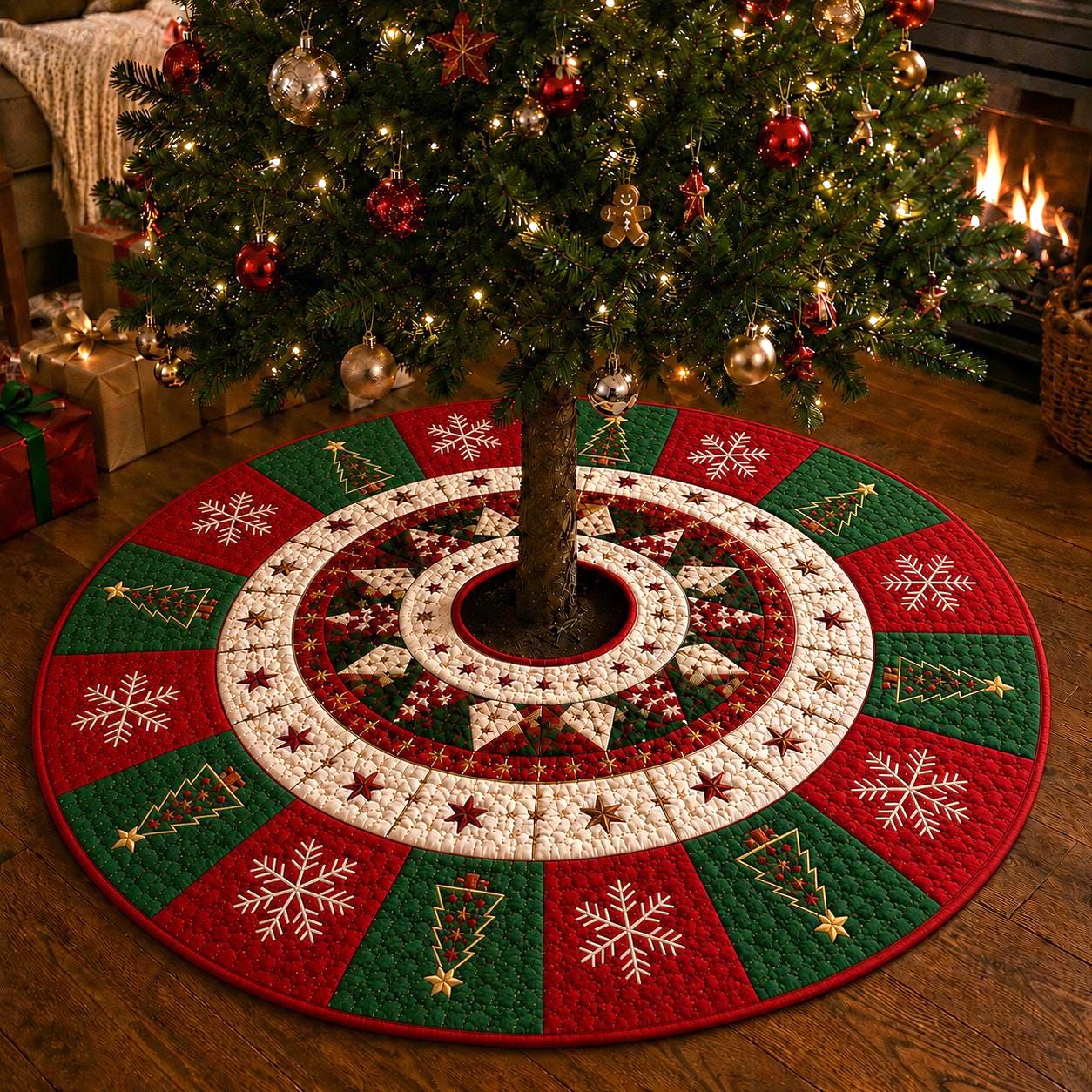 Snowflake Christmas Tree Skirt with Quilt Style Red Green Tree Mat, Christmas Tree Pattern Holiday Decor, and Traditional Xmas Tree Decor