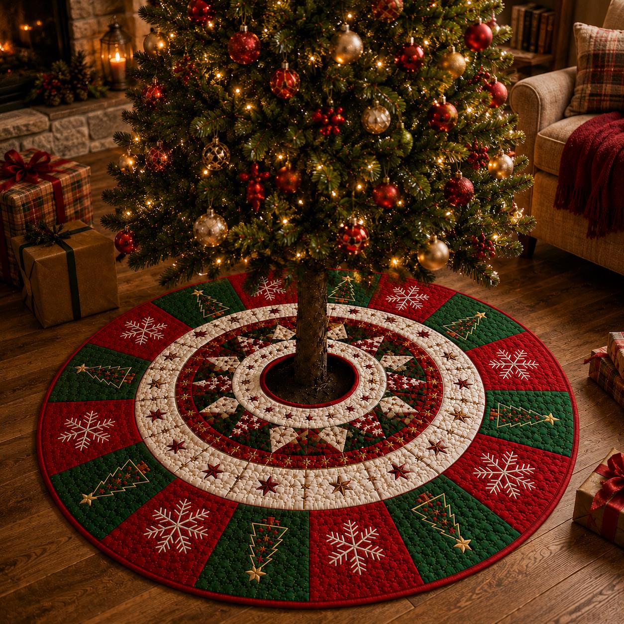 Snowflake Christmas Tree Skirt with Quilt Style Red Green Tree Mat, Christmas Tree Pattern Holiday Decor, and Traditional Xmas Tree Decor - photo 2