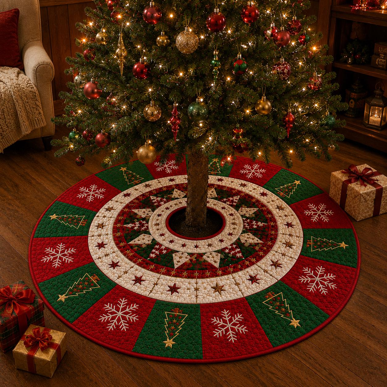 Snowflake Christmas Tree Skirt with Quilt Style Red Green Tree Mat, Christmas Tree Pattern Holiday Decor, and Traditional Xmas Tree Decor - photo 3