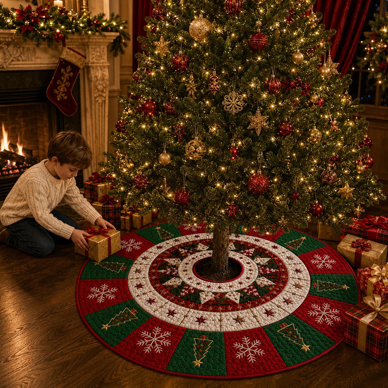 Snowflake Christmas Tree Skirt with Quilt Style Red Green Tree Mat, Christmas Tree Pattern Holiday Decor, and Traditional Xmas Tree Decor - photo 4