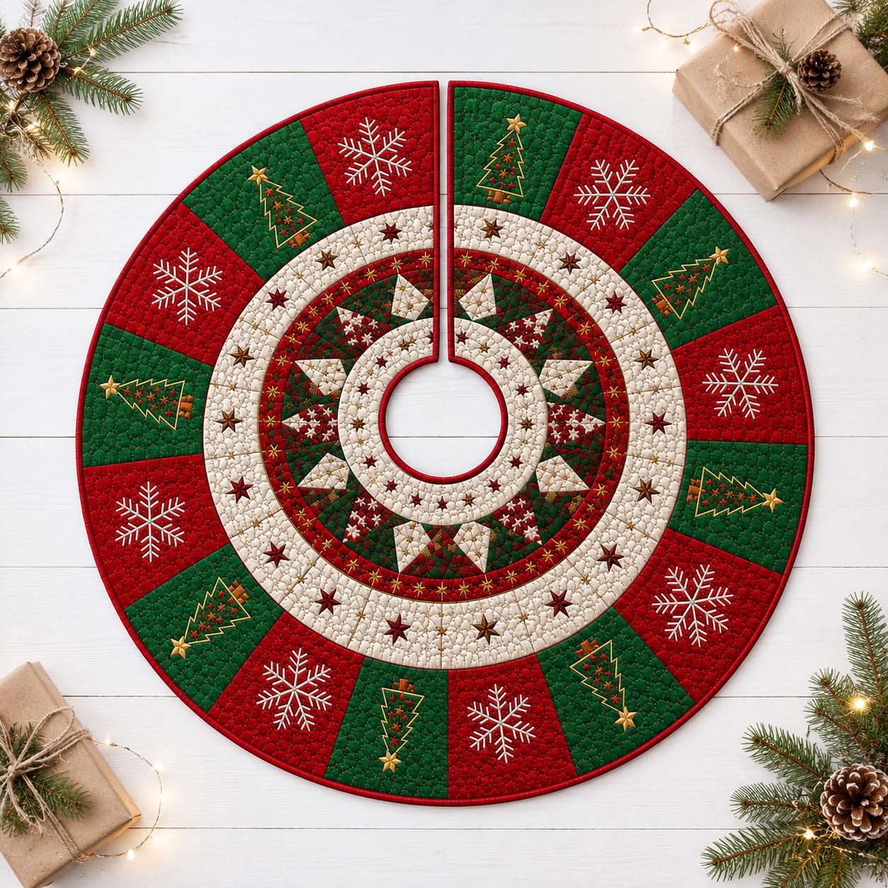 Snowflake Christmas Tree Skirt with Quilt Style Red Green Tree Mat, Christmas Tree Pattern Holiday Decor, and Traditional Xmas Tree Decor - photo 5