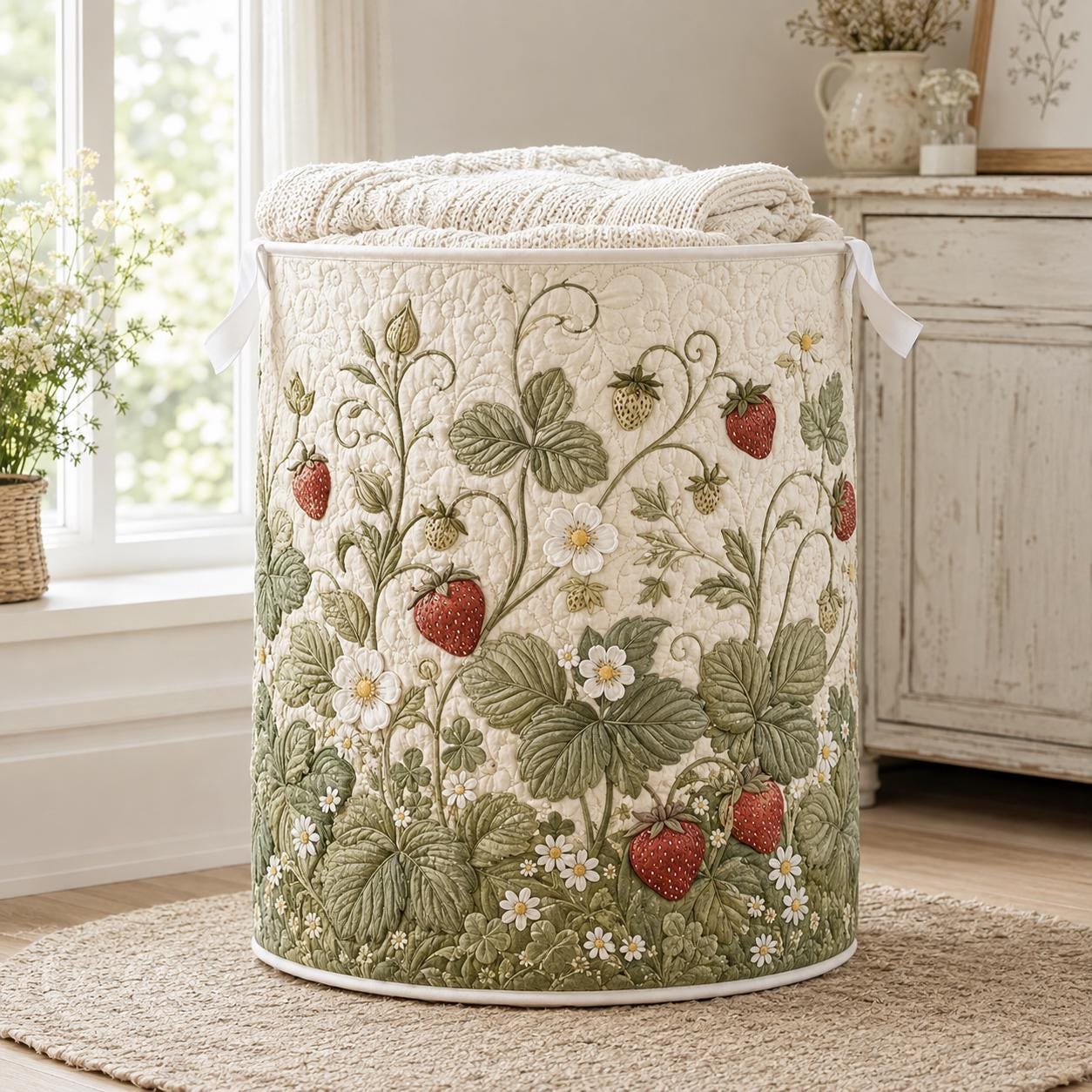 Vintage Strawberry Botanical Quilt Style Laundry Basket and Floral Hamper – Cottagecore Storage Basket for Home Decor