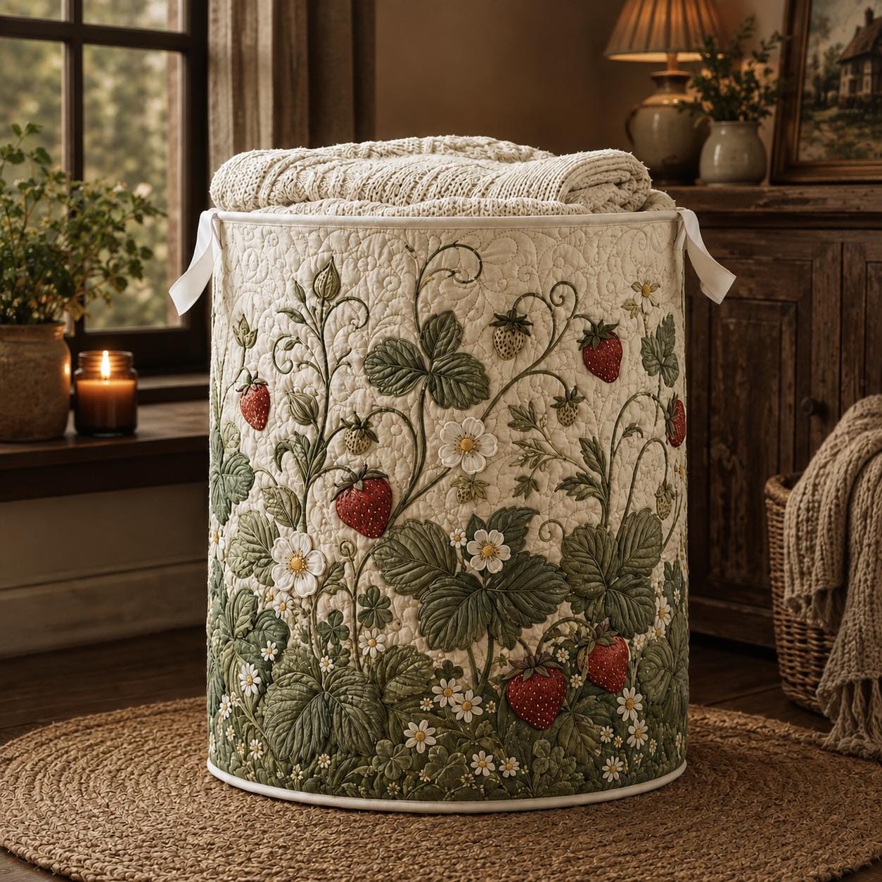 Vintage Strawberry Botanical Quilt Style Laundry Basket and Floral Hamper – Cottagecore Storage Basket for Home Decor - photo 2